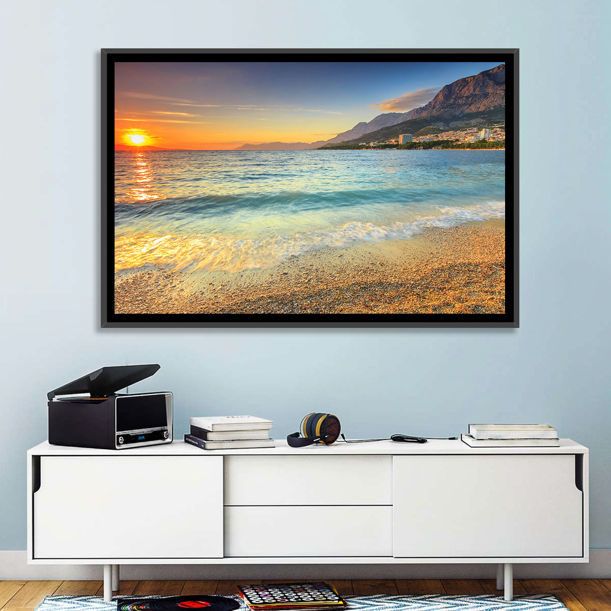 Makarska Pebble Beach Sunset Wall Art in a room, landscape