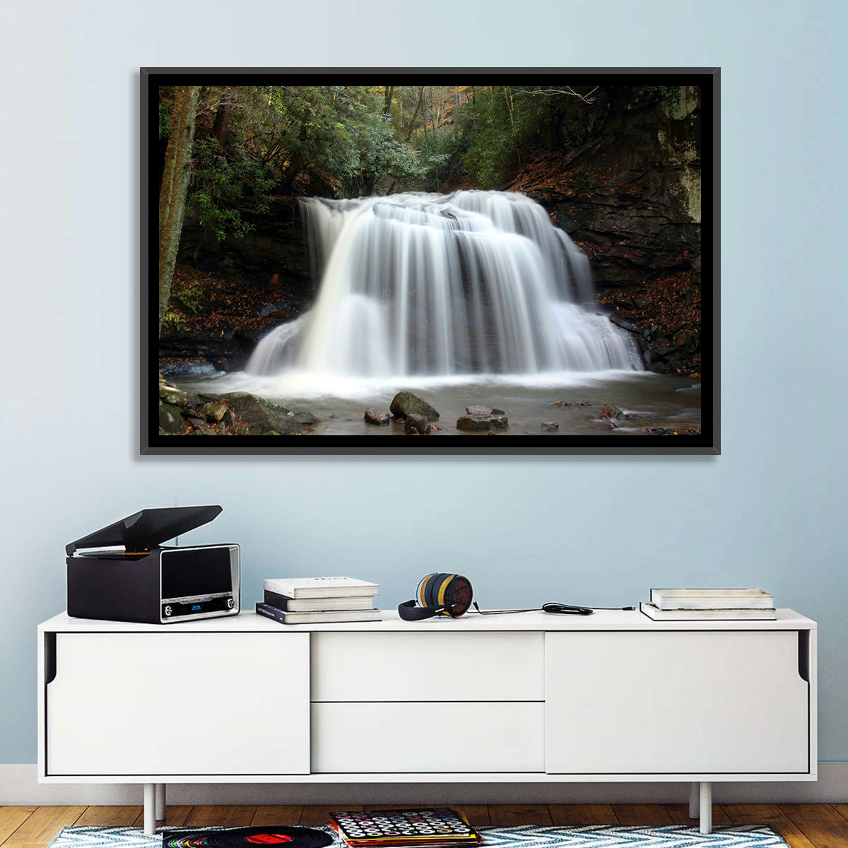 Holly River Autumn Waterfall Wall Art in a room, landscape