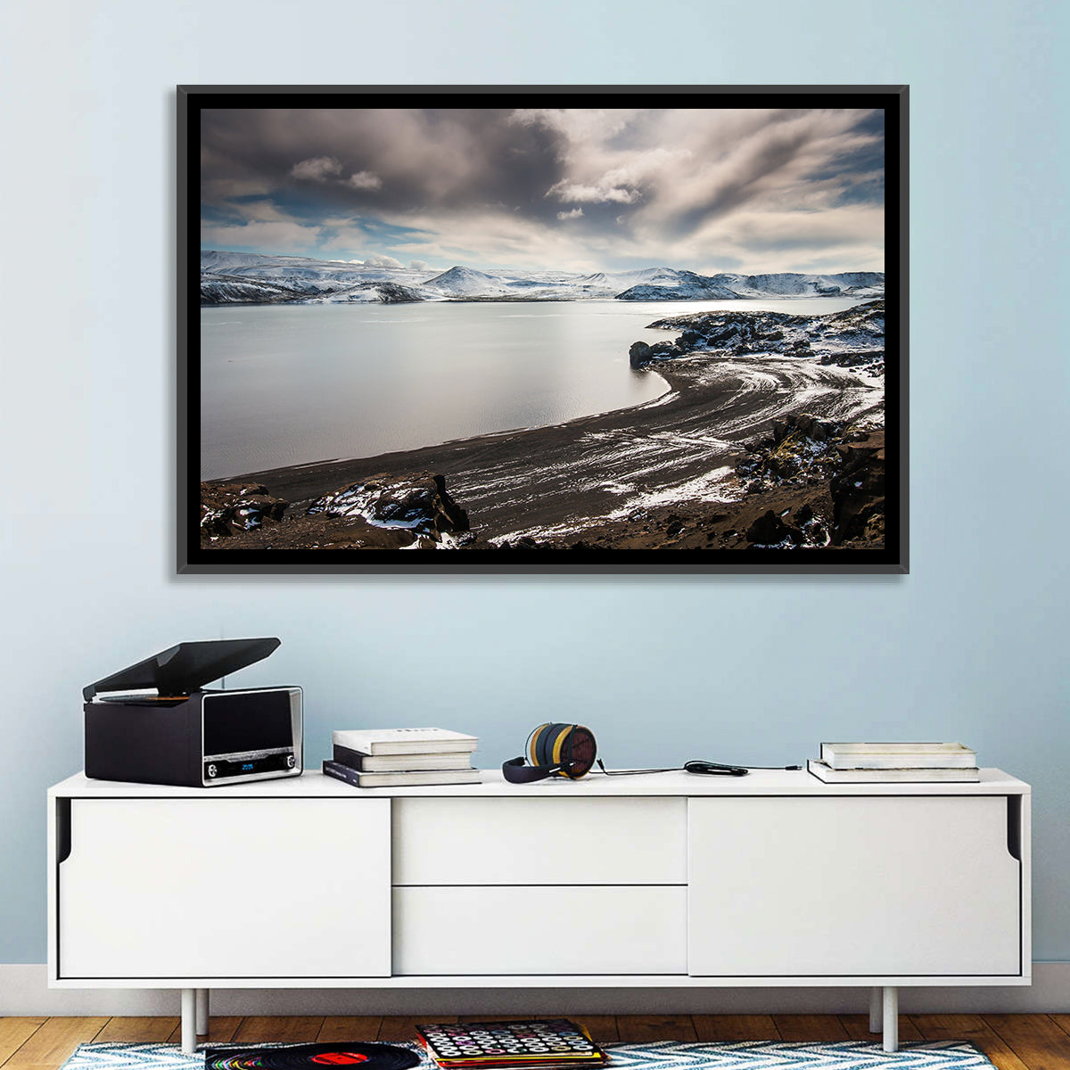 Kleifarvatn Black Sand Shore Wall Art in a room, landscape
