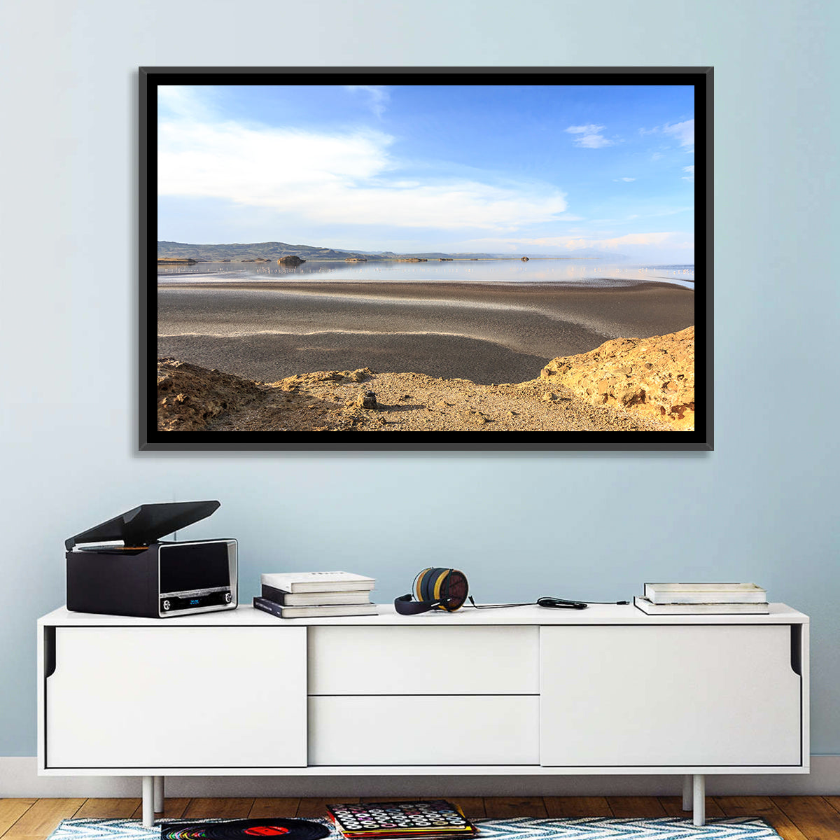 Lake Natron Flamingos Wall Art in a room, landscape