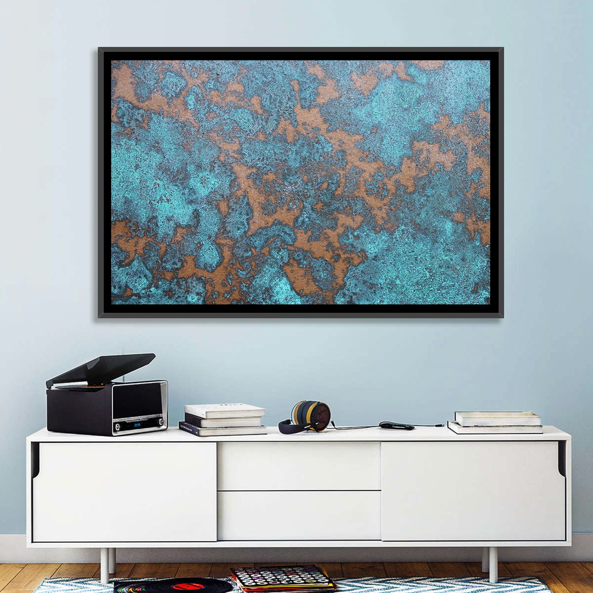 Oxidized Copper Patina Abstract Wall Art in a room, landscape