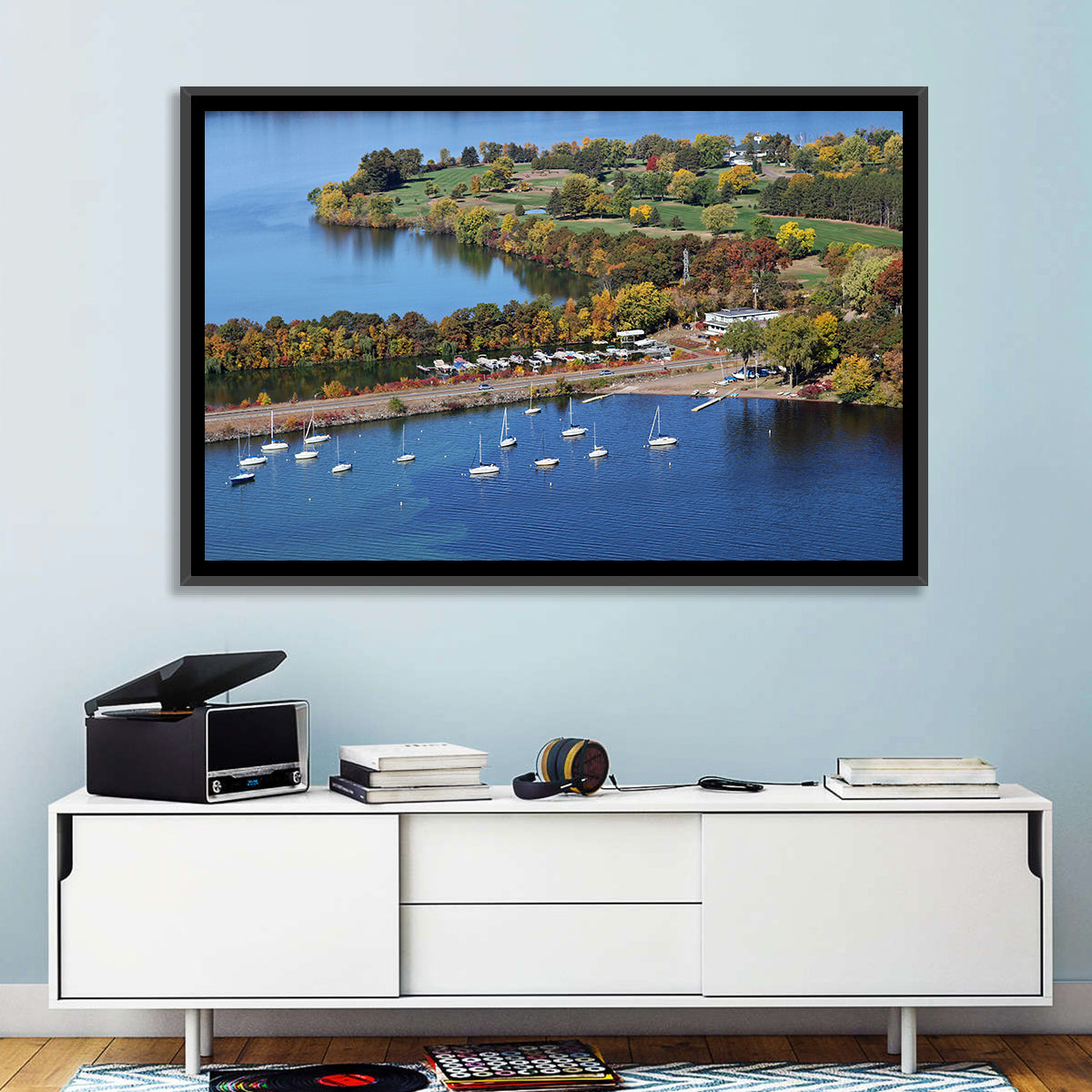 Lake Wissota Aerial Wall Art in a room, landscape