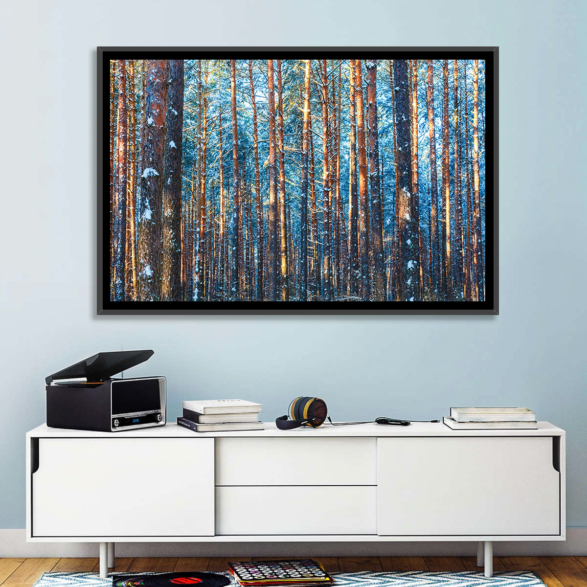 Golden Hour Winter Pine Forest Wall Art in a room, landscape
