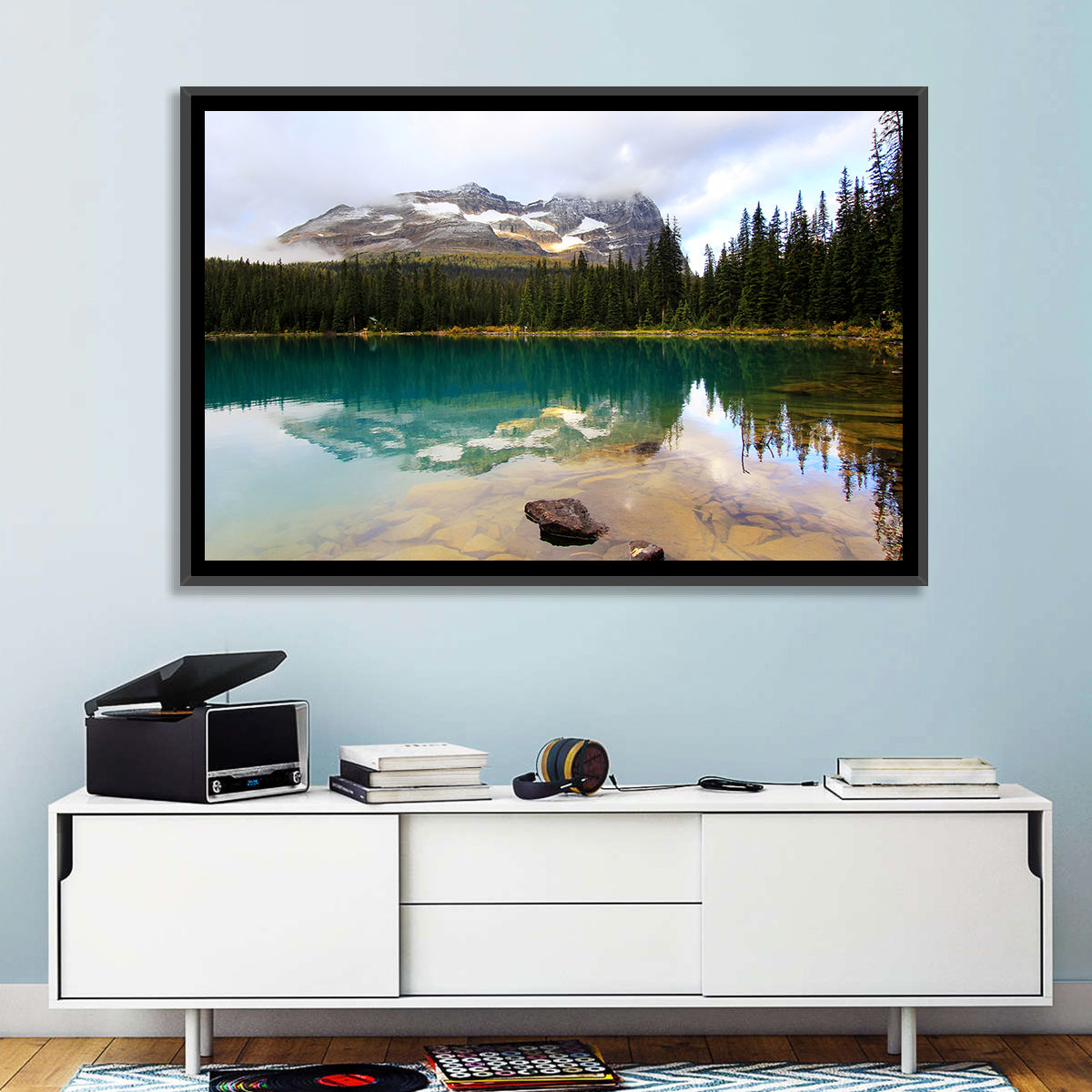 Lake O Hara Mountain Reflection Wall Art in a room, landscape