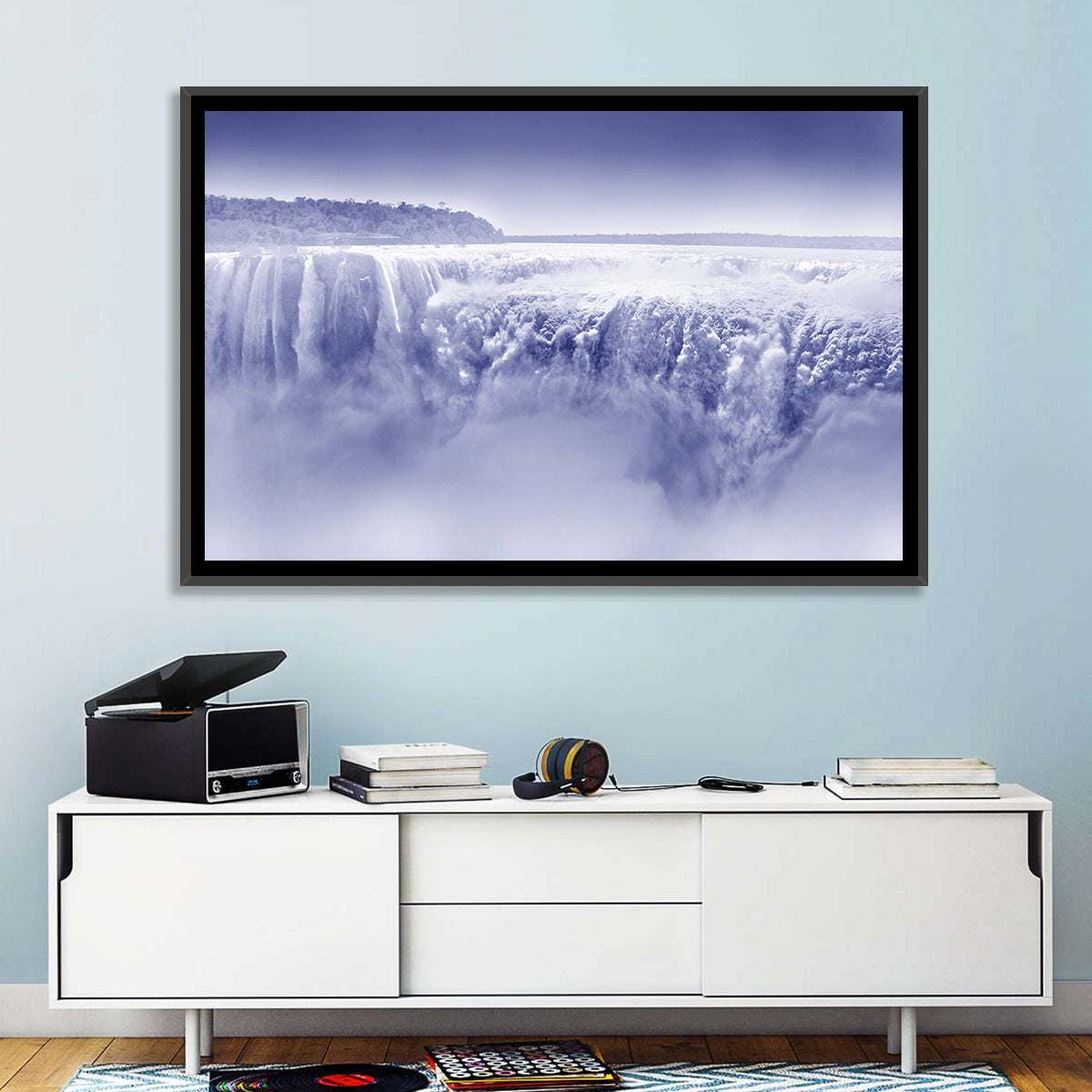 Iguazu Falls Blue Monochrome Wall Art in a room, landscape