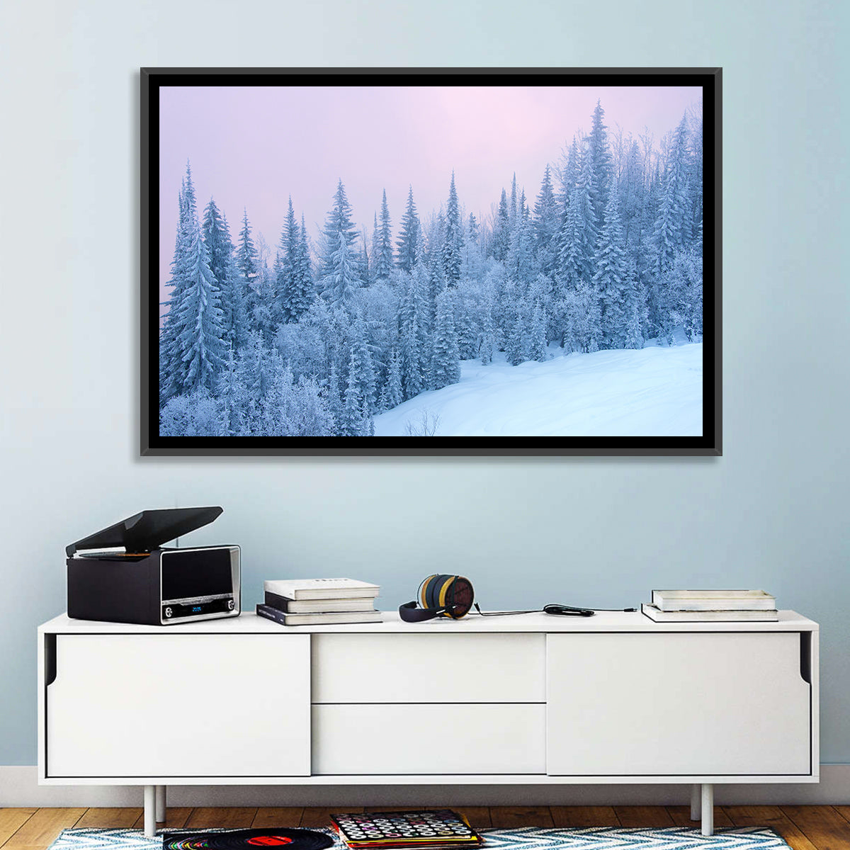 Snowy Winter Forest Wall Art in a room, landscape