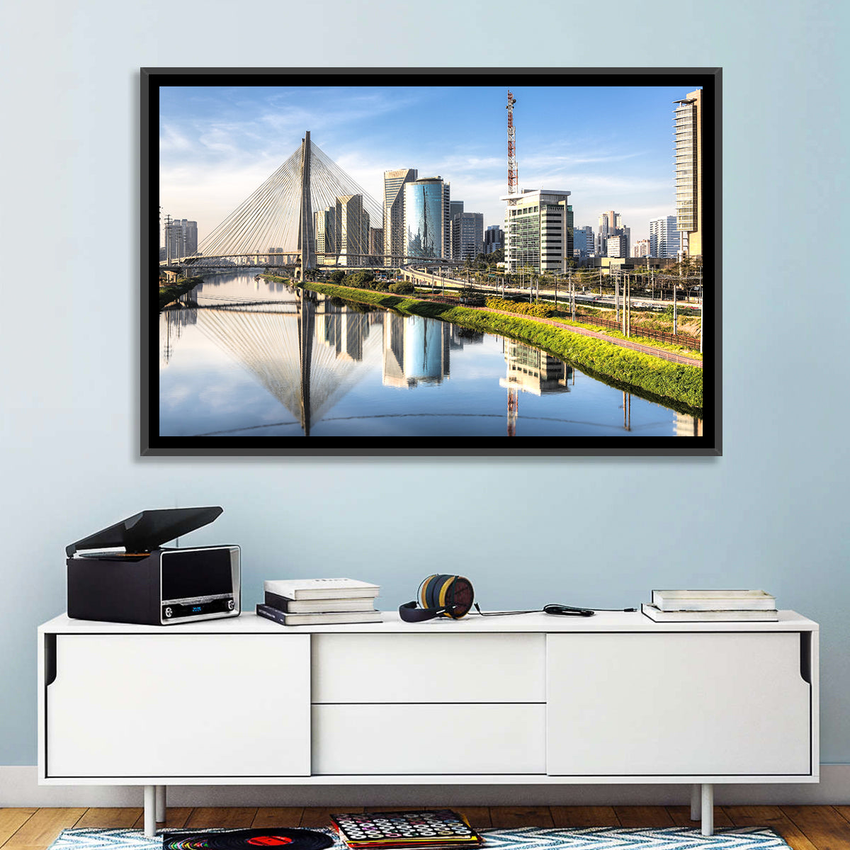 Estaiada Bridge Reflections Wall Art in a room, landscape