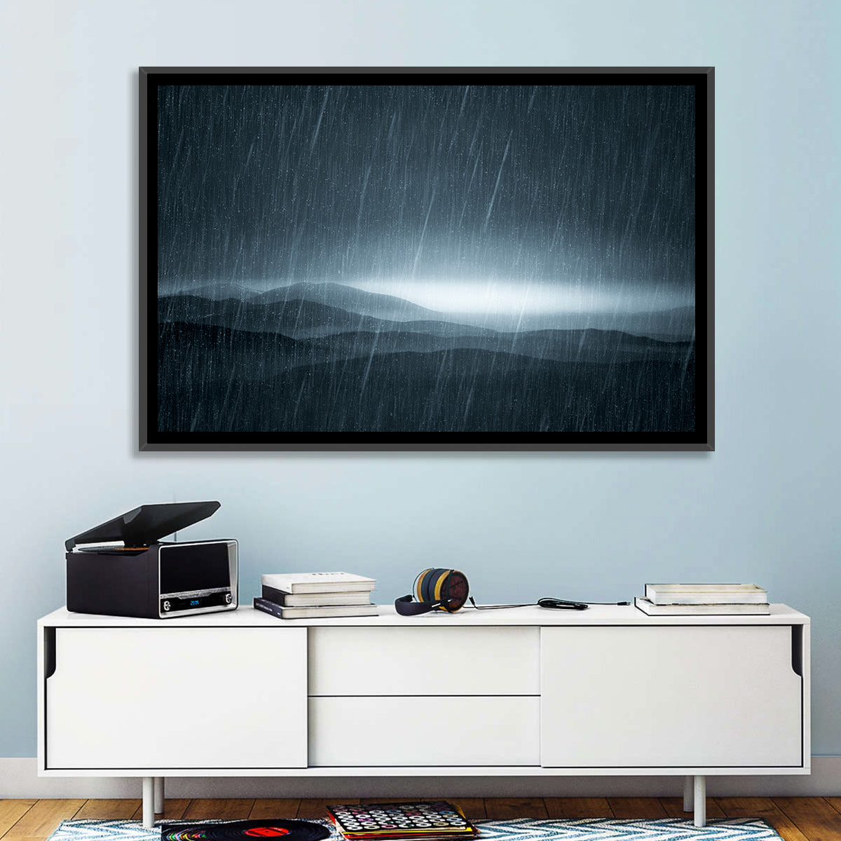 Rain Storm Over Mountains Wall Art in a room, landscape