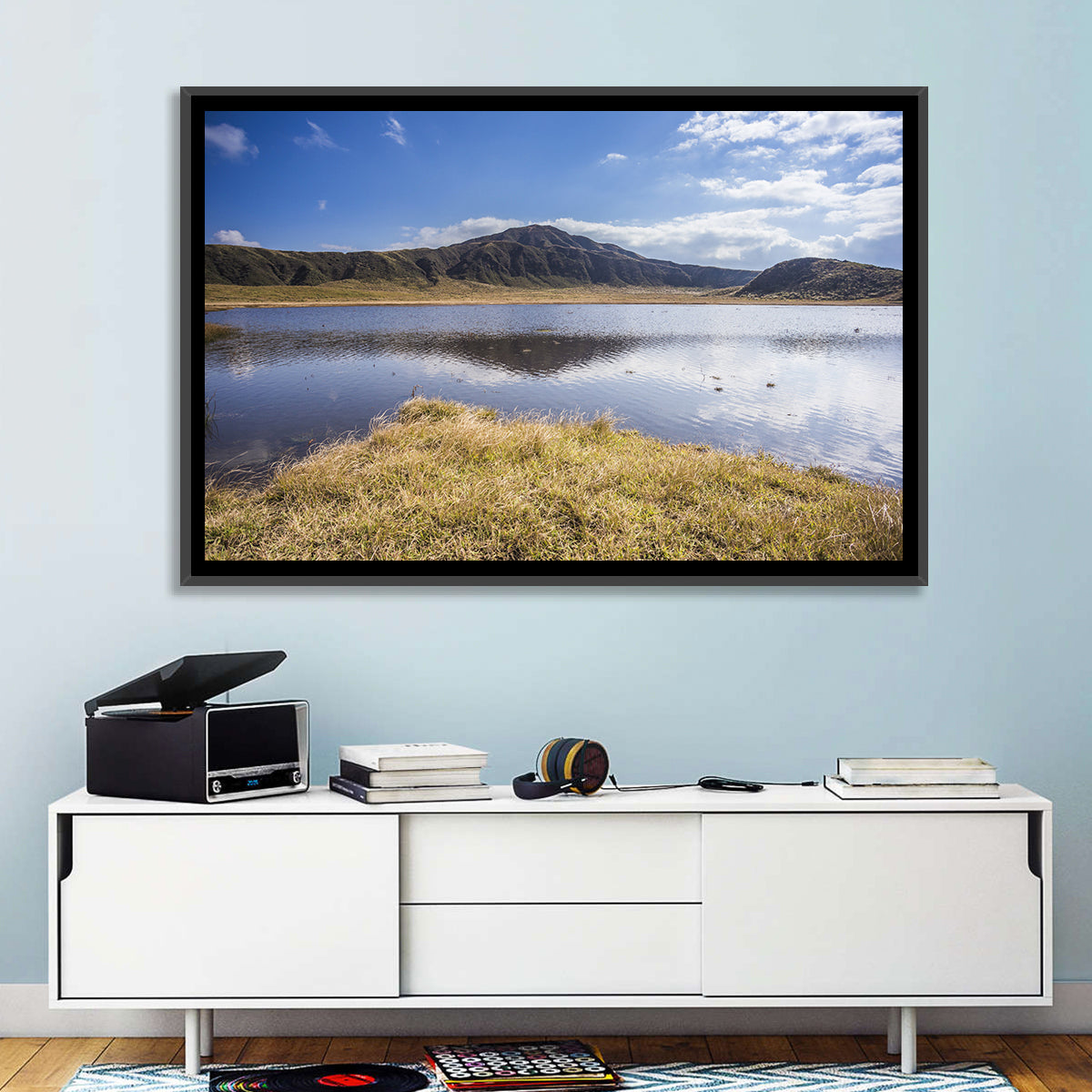 Mount Aso Lake Reflection Wall Art in a room, landscape