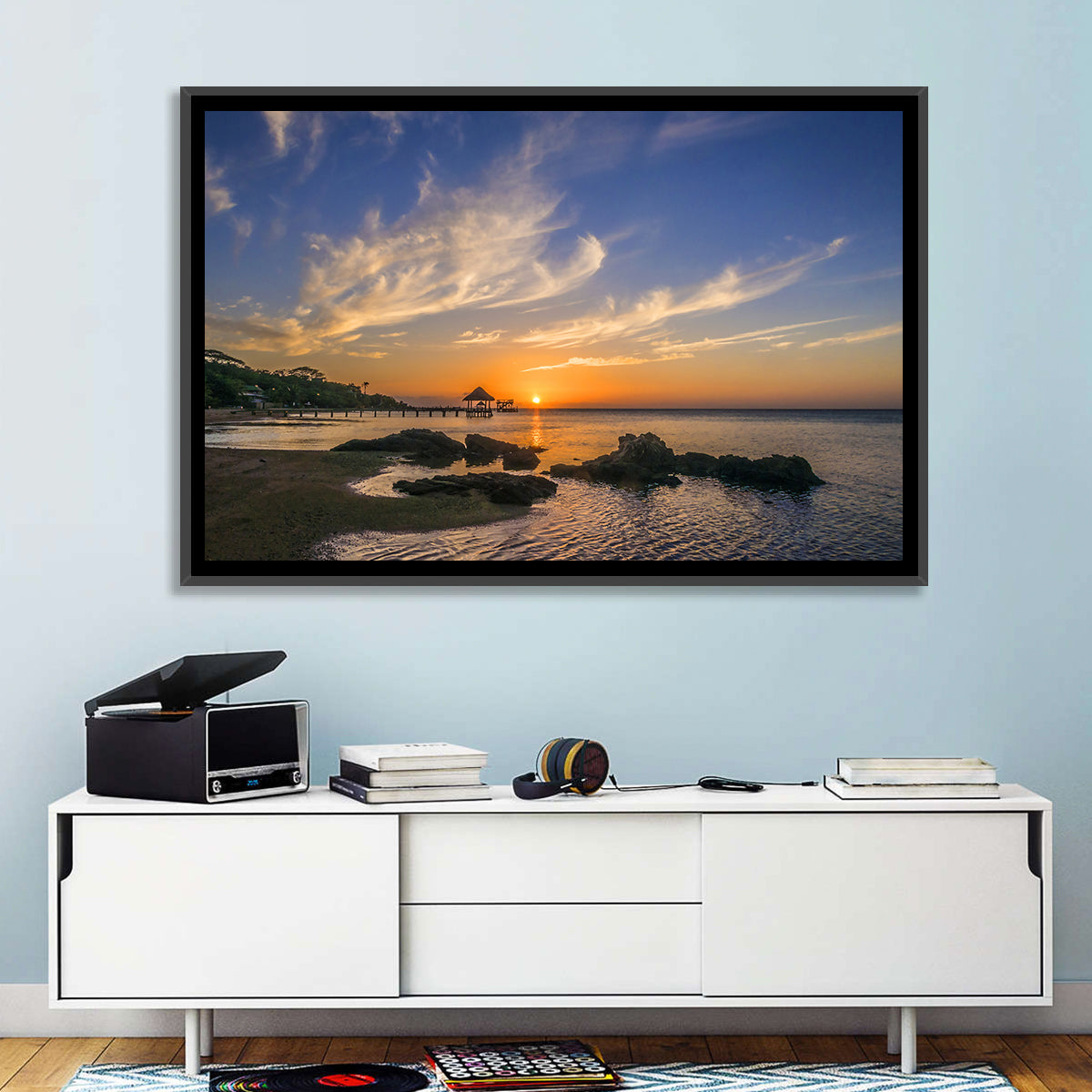 Roatan Pier Sunset Wall Art in a room, landscape