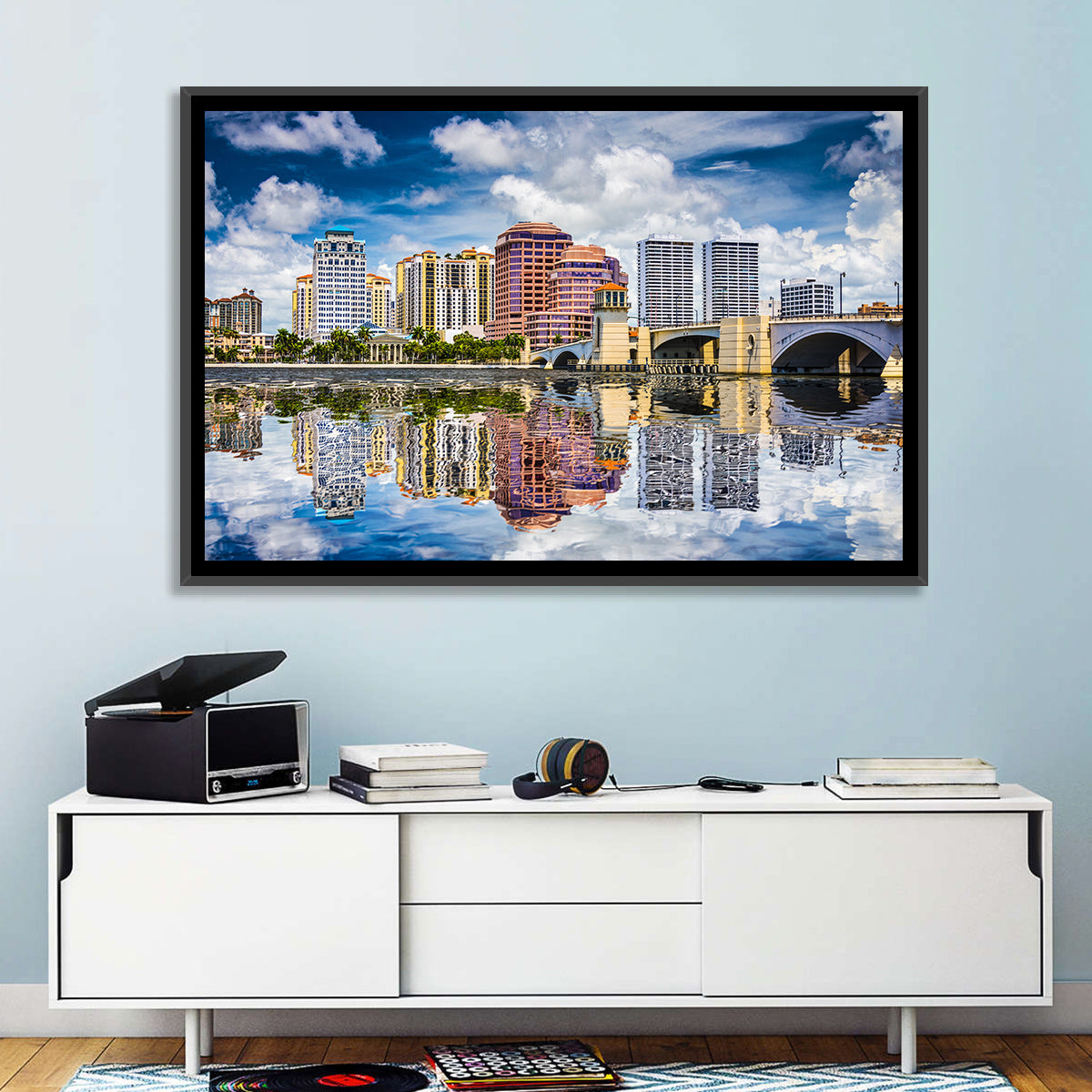 West Palm Beach Skyline Reflection Wall Art in a room, landscape