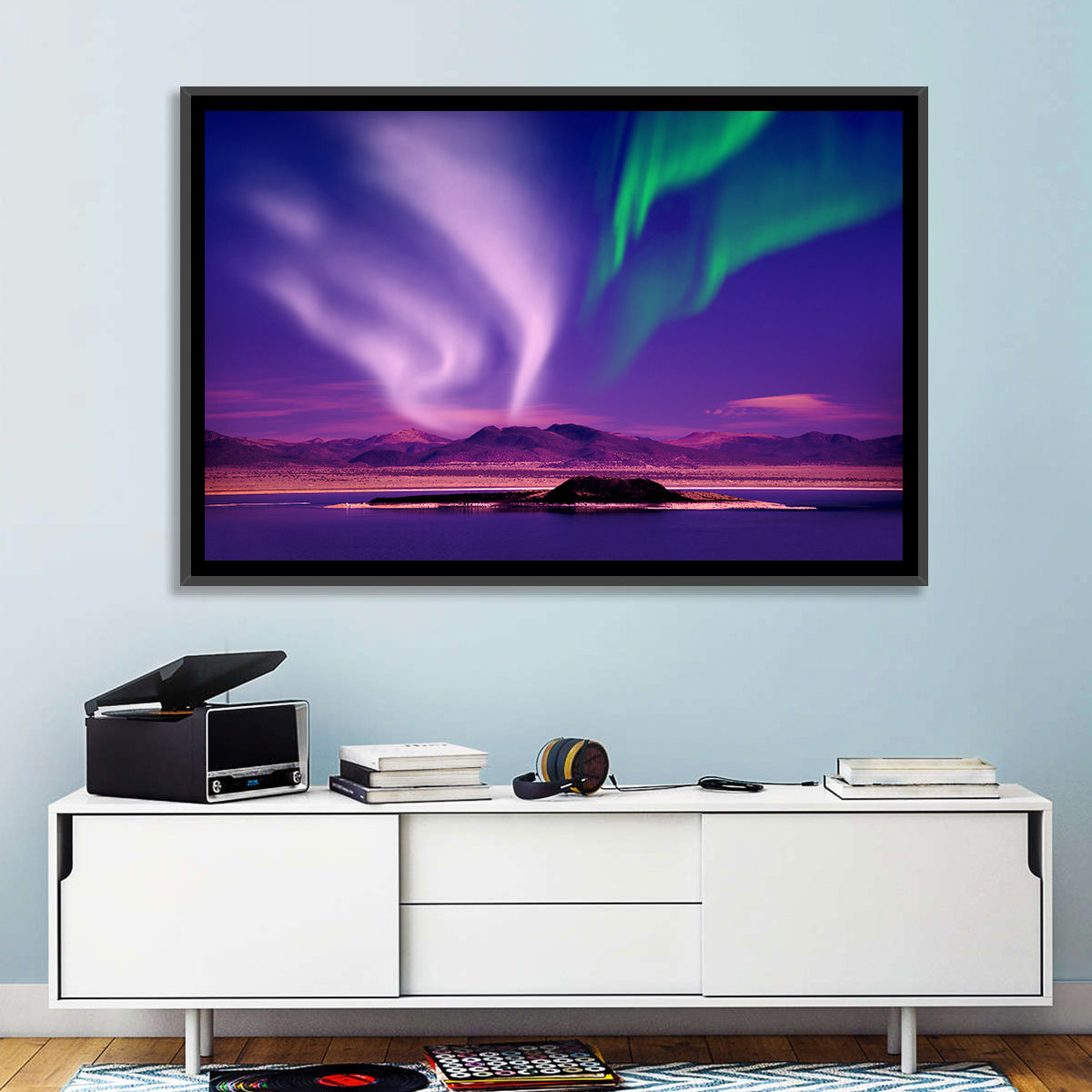 Violet Aurora Over Island Lake Wall Art in a room, landscape