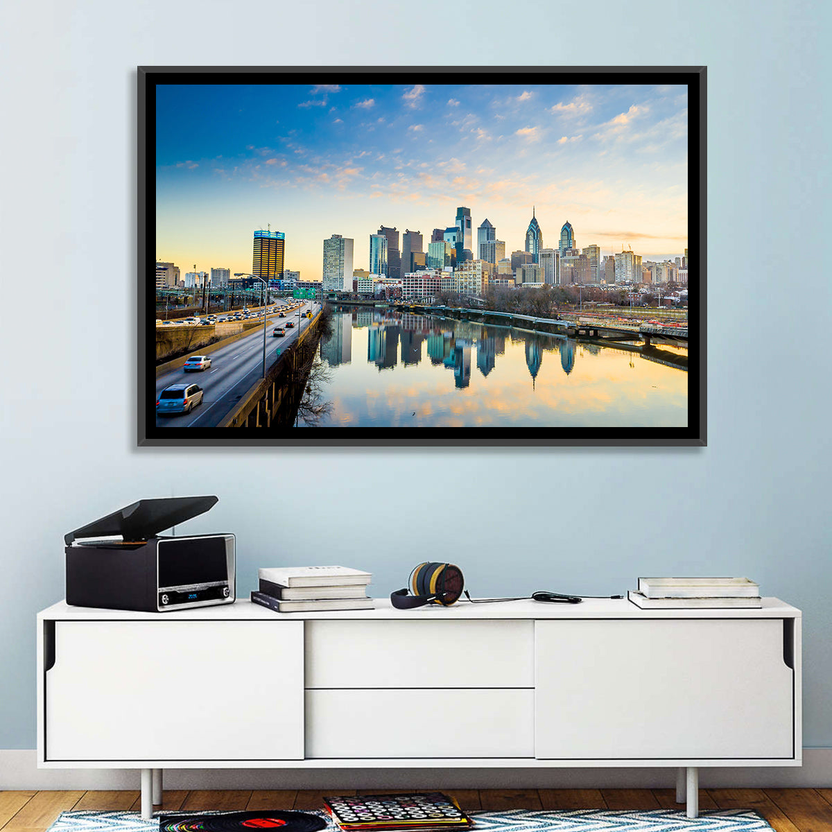Philadelphia Skyline at Dusk Wall Art in a room, landscape