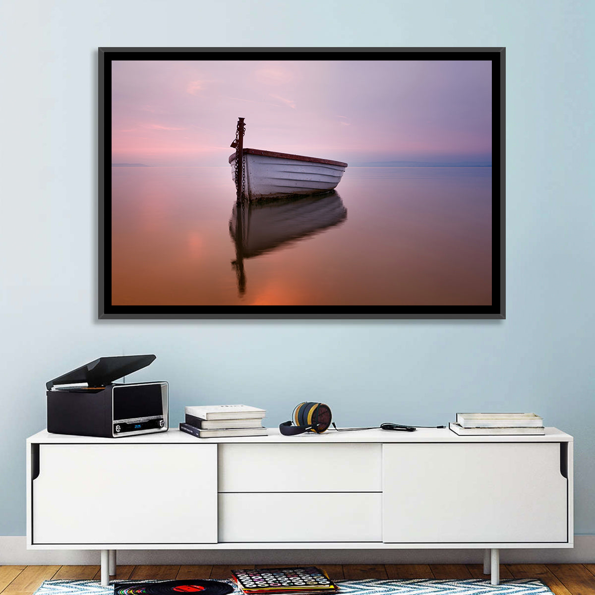 Pastel Boat Reflection Wall Art in a room, landscape