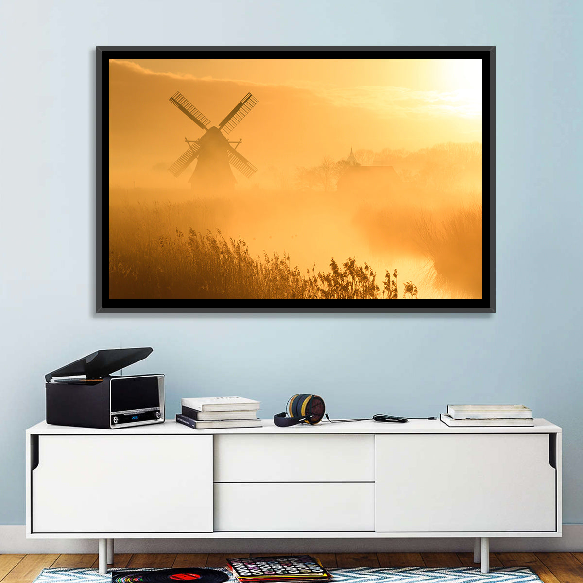 Golden Dutch Windmill Sunrise Wall Art in a room, landscape