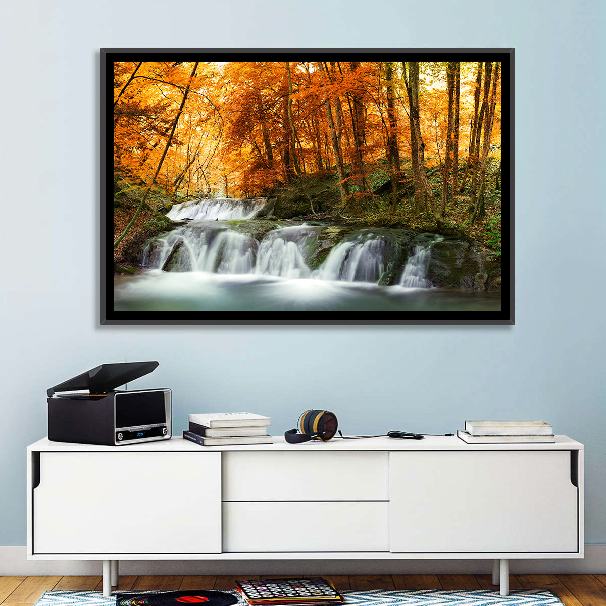 Autumn Forest Waterfall Wall Art in a room, landscape