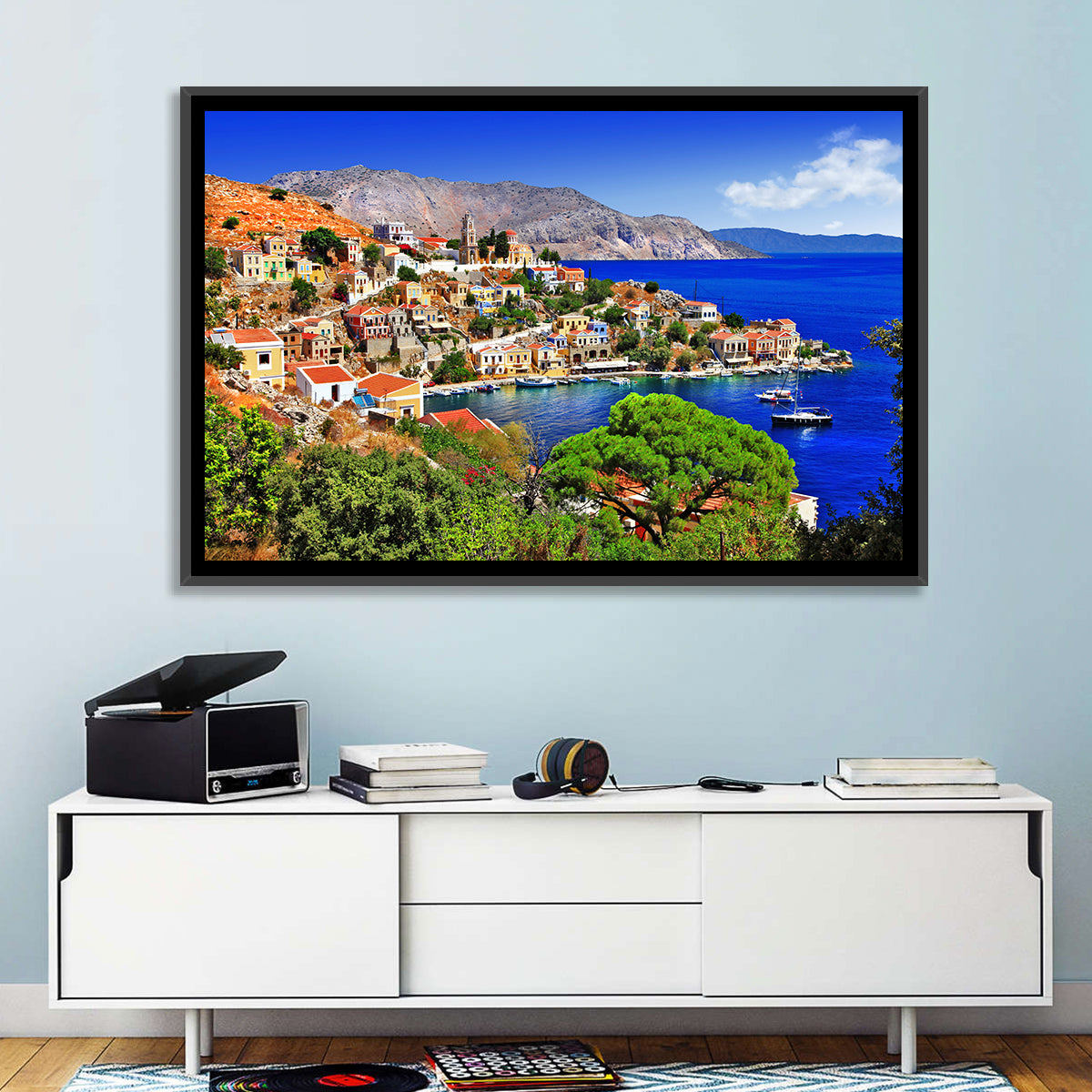 Symi Harbor, Greece Wall Art in a room, landscape