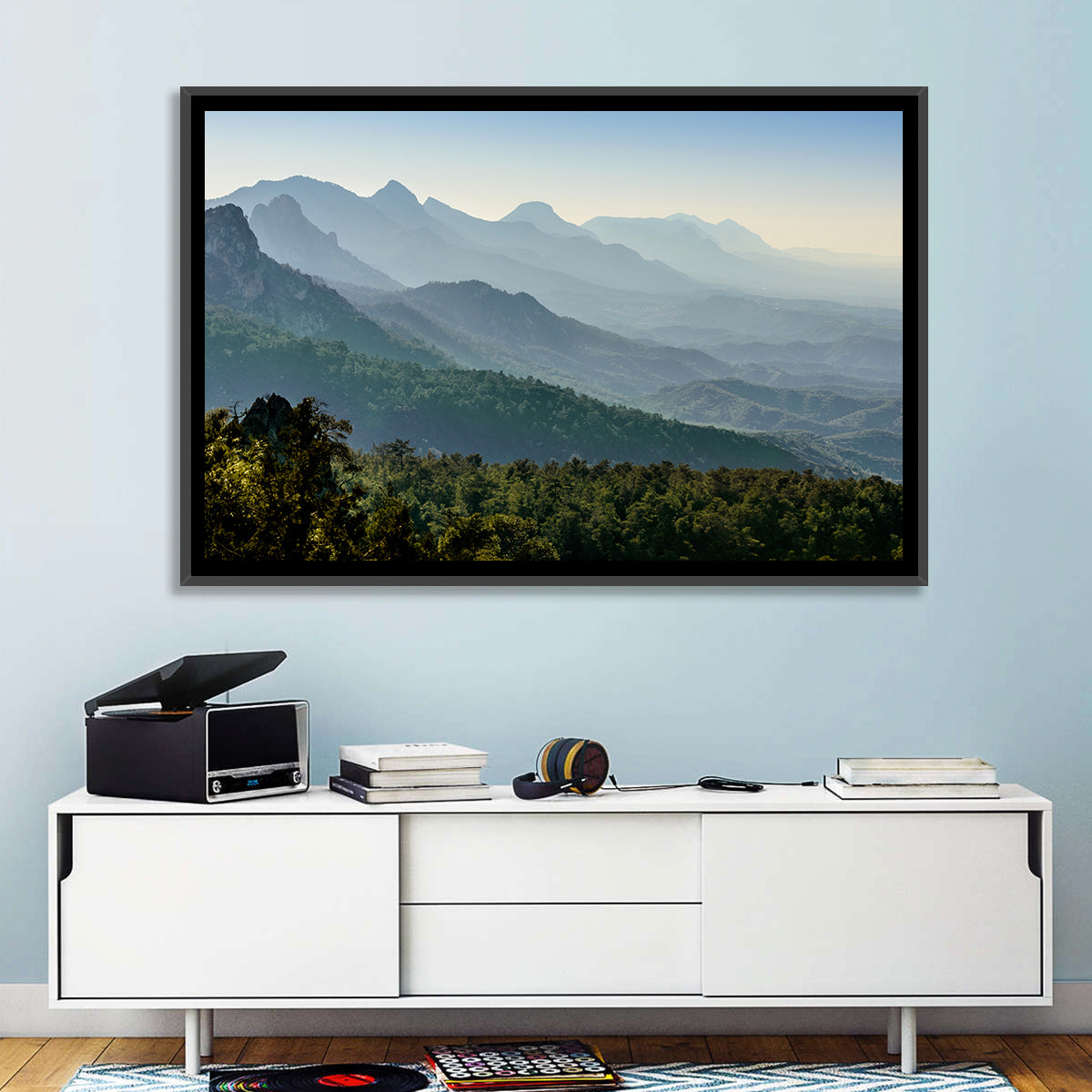 Misty Mountain Ridges Wall Art in a room, landscape