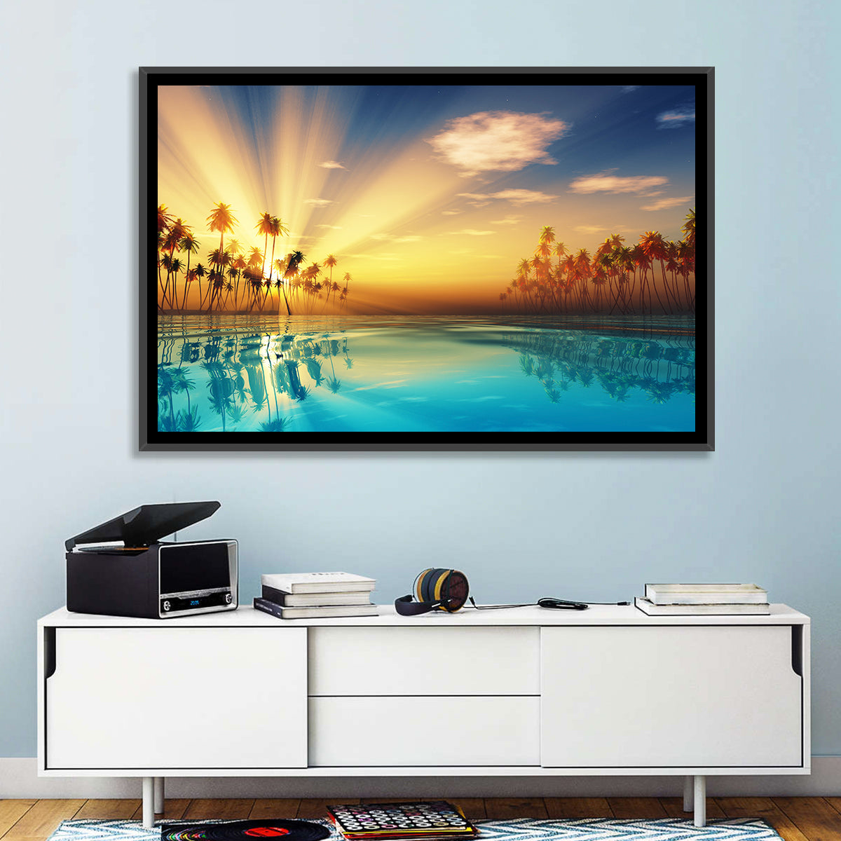 Turquoise Sunset Over Palm Island Wall Art in a room, landscape