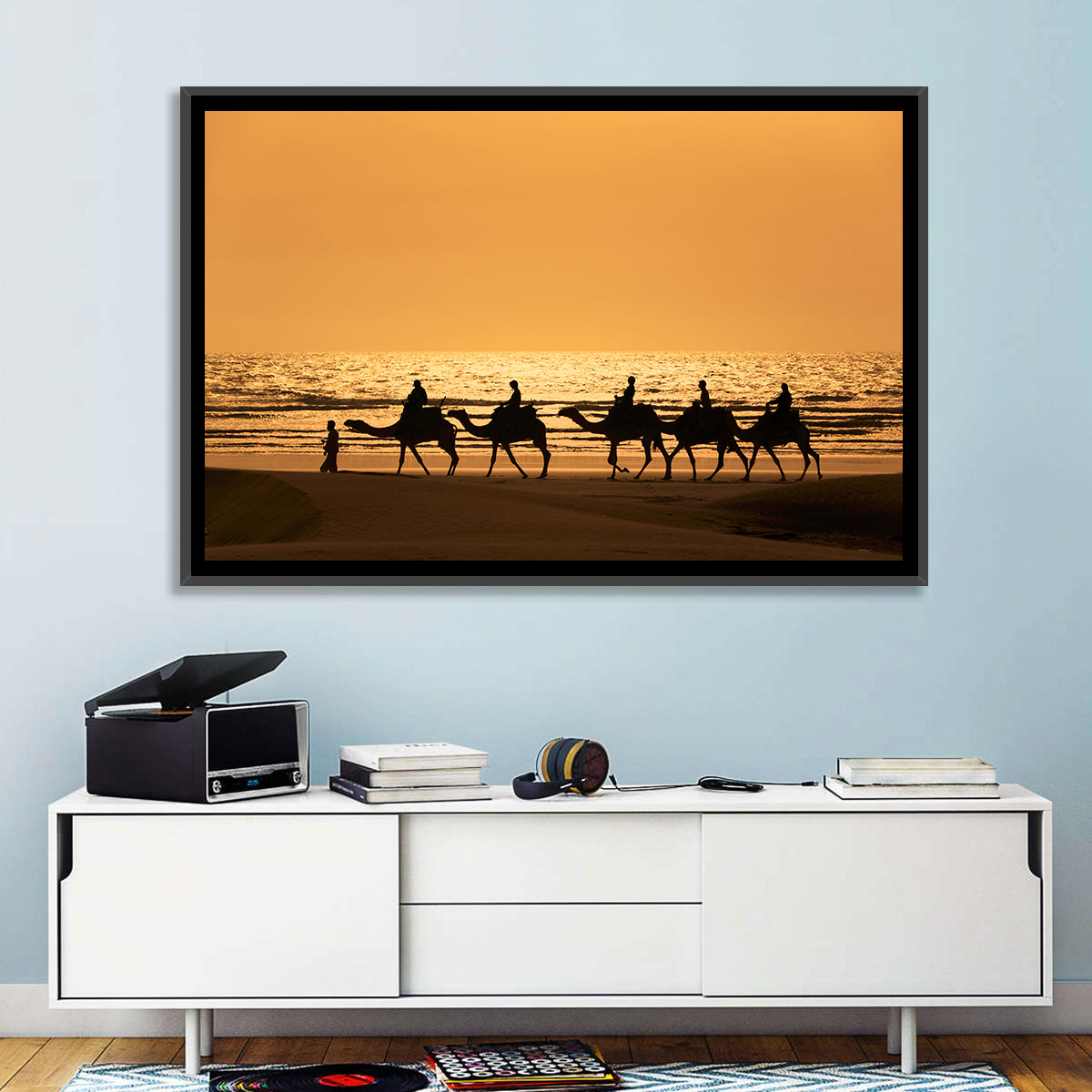 Camel Caravan Silhouette on Wet Sand Wall Art in a room, landscape