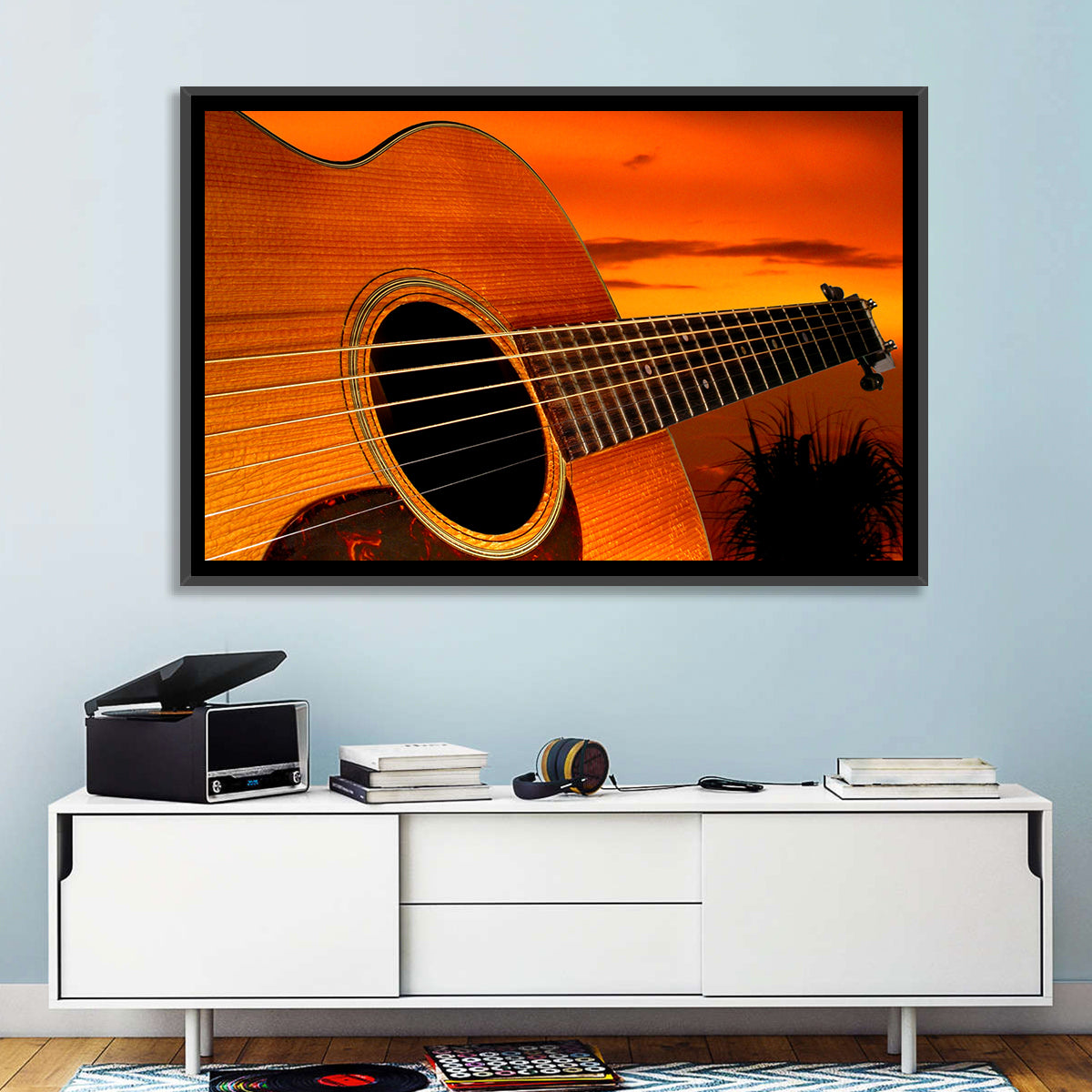 Sunset Acoustic Guitar Silhouette Wall Art