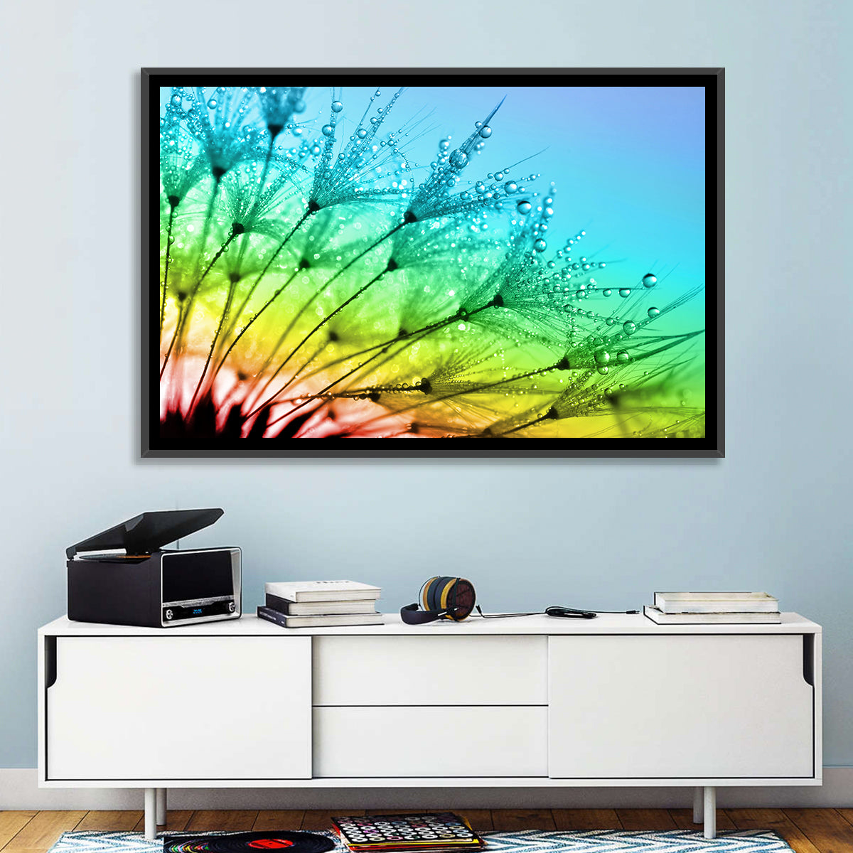 Dewy Dandelion Close-up Wall Art in a room, landscape