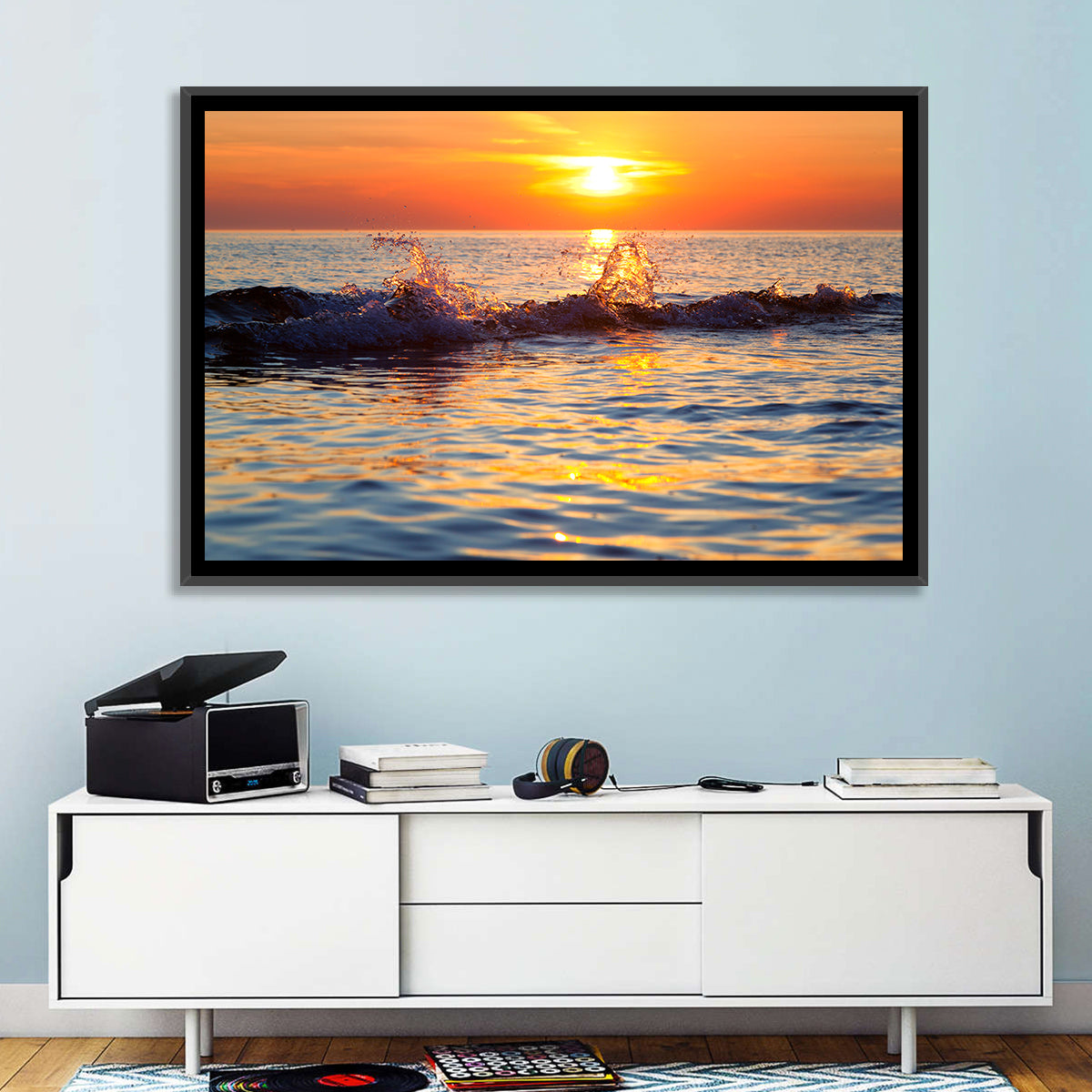 Lake Michigan Sunset Waves Wall Art in a room, landscape