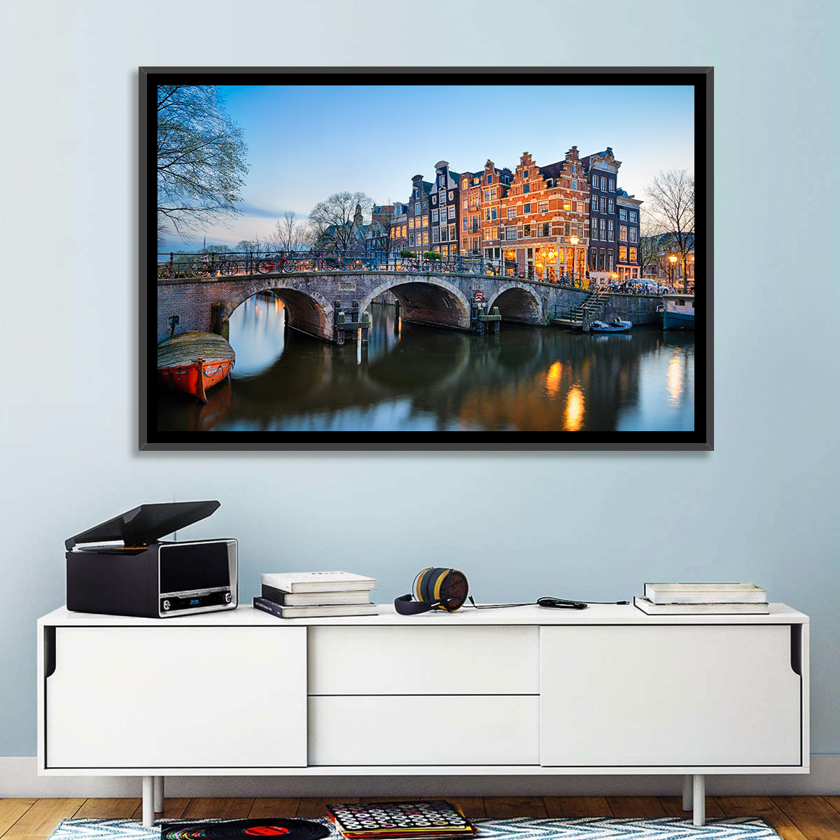 Brouwersgracht Canal Bridge at Dusk Wall Art in a room, landscape