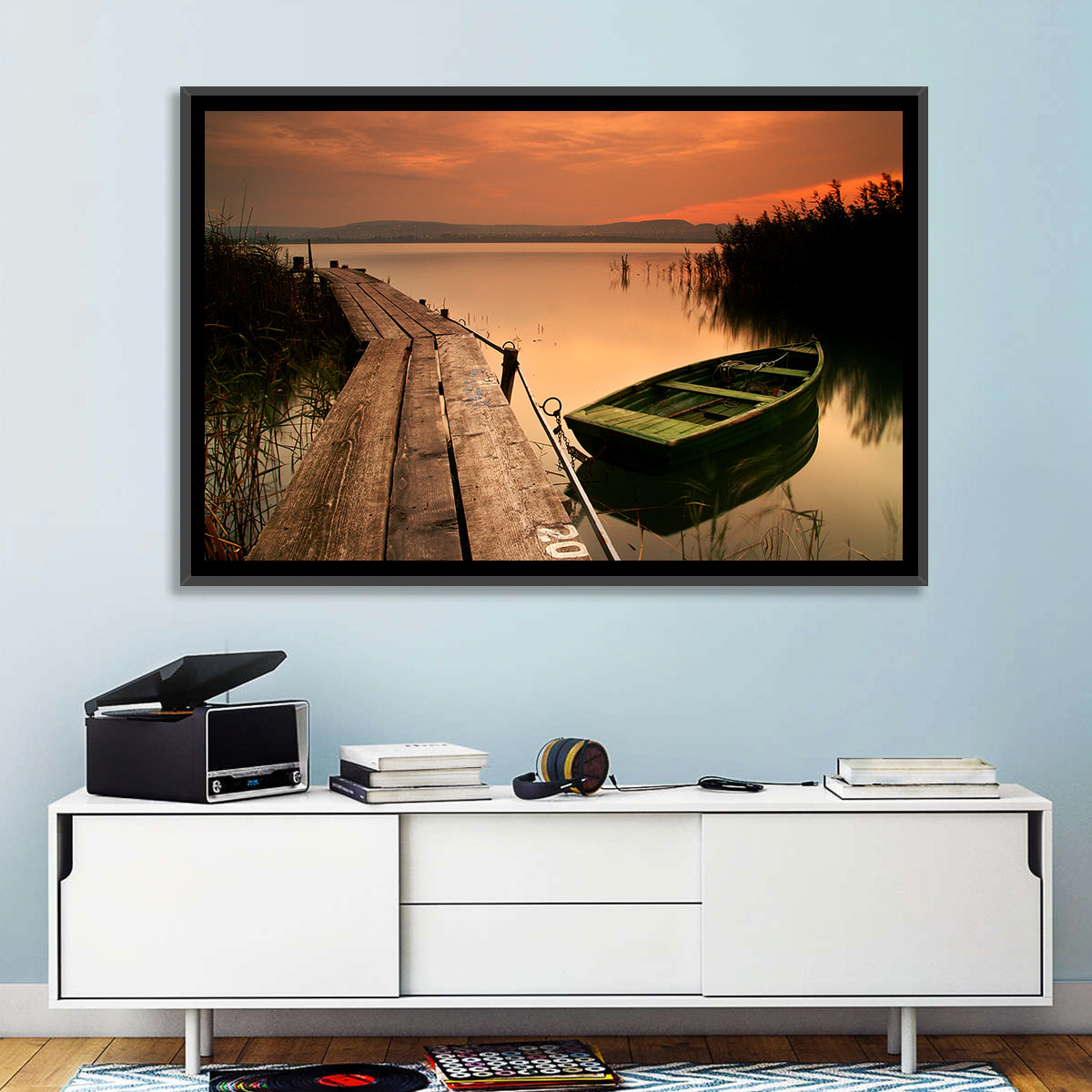 Pier and Rowboat on Lake Balaton Wall Art in a room, landscape