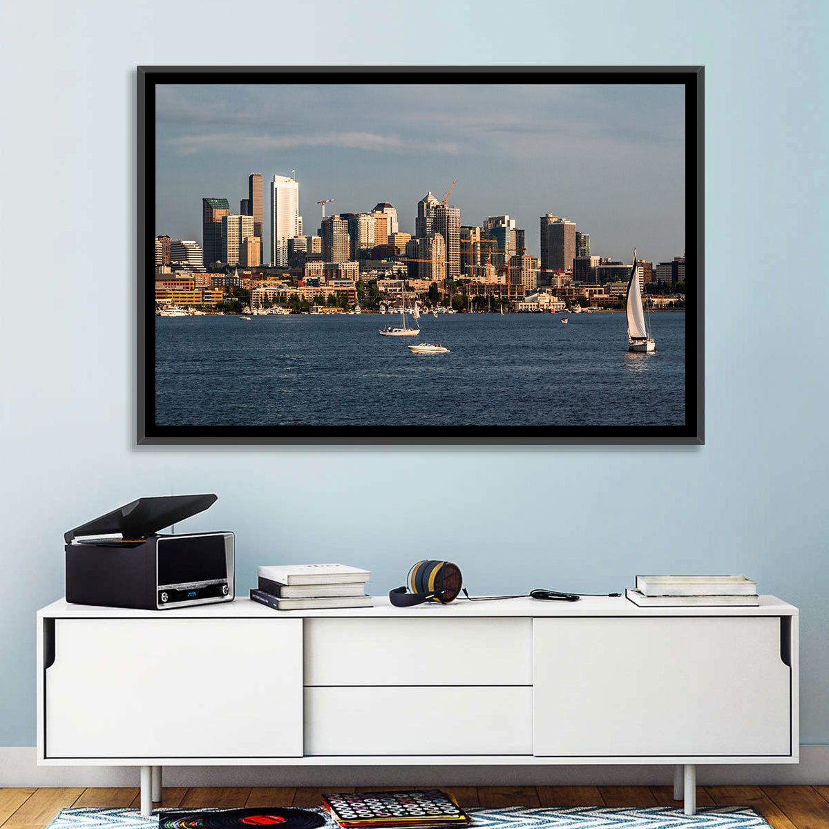 Seattle Skyline at Golden Hour Wall Art in a room, landscape
