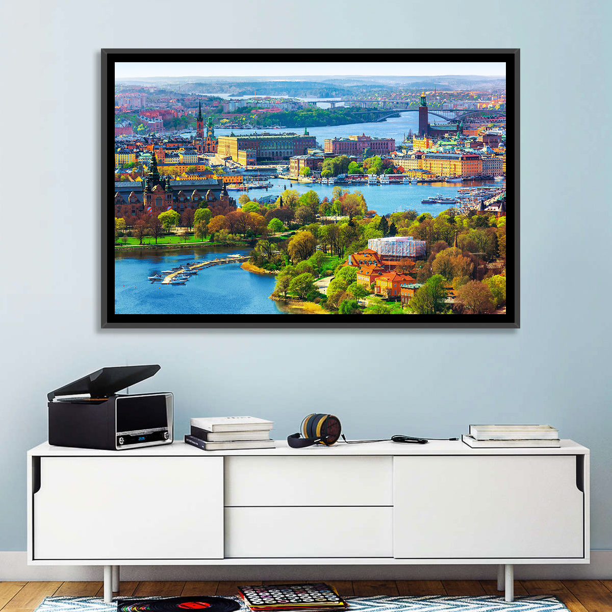 Gamla Stan Waterfront Wall Art in a room, landscape