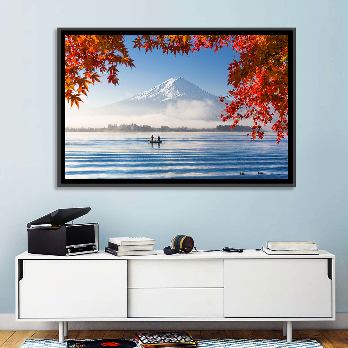 Mount Fuji Over Lake Kawaguchiko Wall Art in a room, landscape