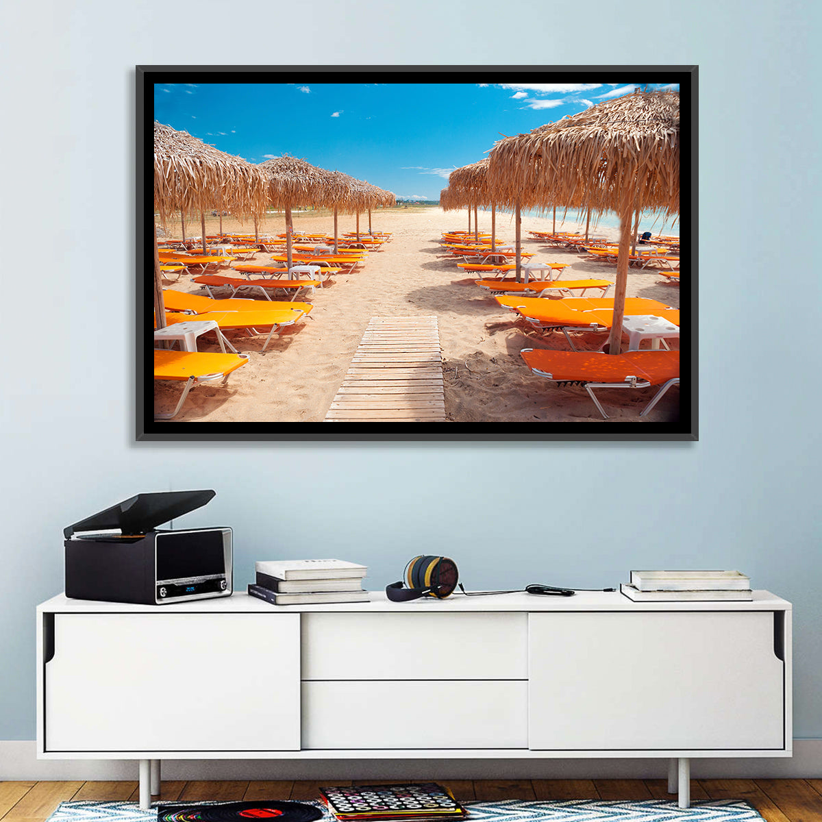 Beach Boardwalk with Orange Loungers Wall Art in a room, landscape