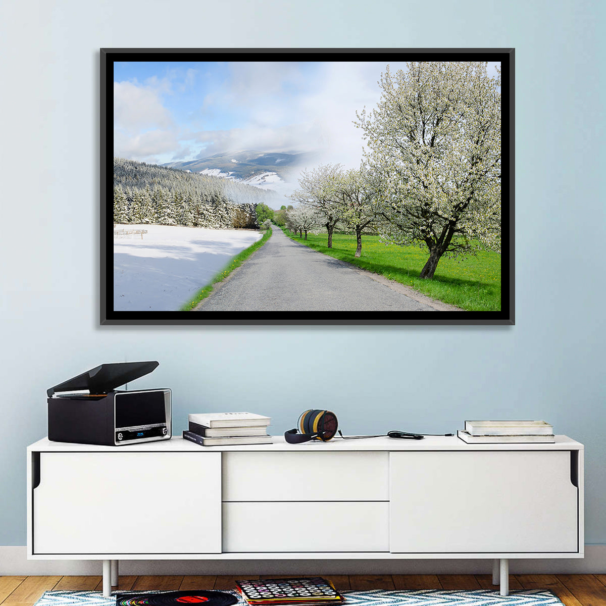 Season Change Road to Snowy Mountain Wall Art in a room, landscape