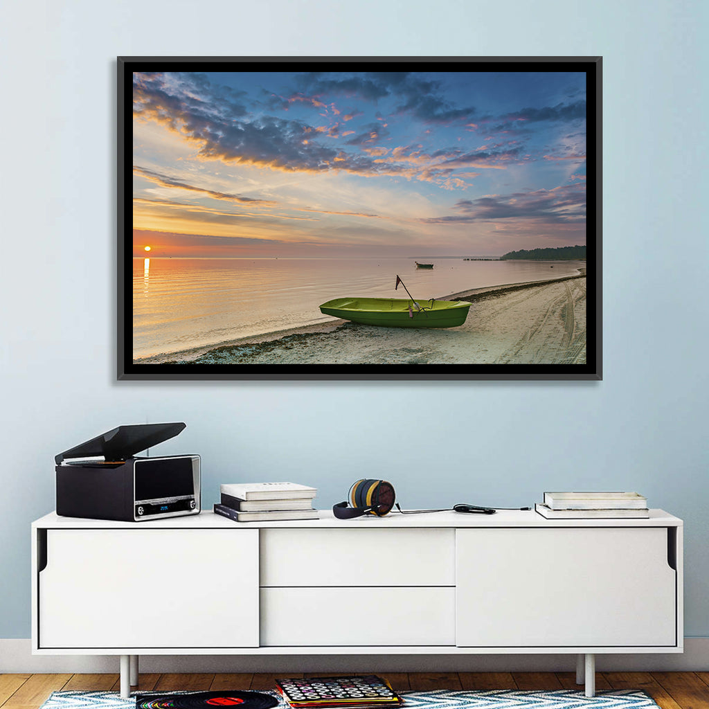 Green Rowboat at Sunrise Wall Art