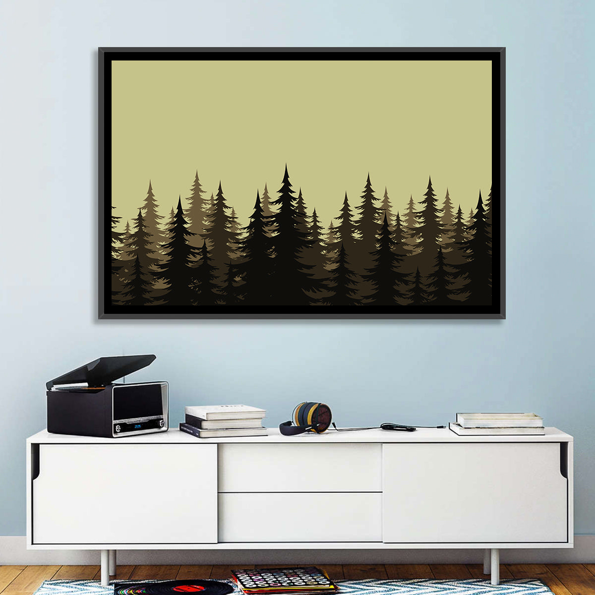 Fir Tree Silhouettes Wall Art in a room, landscape