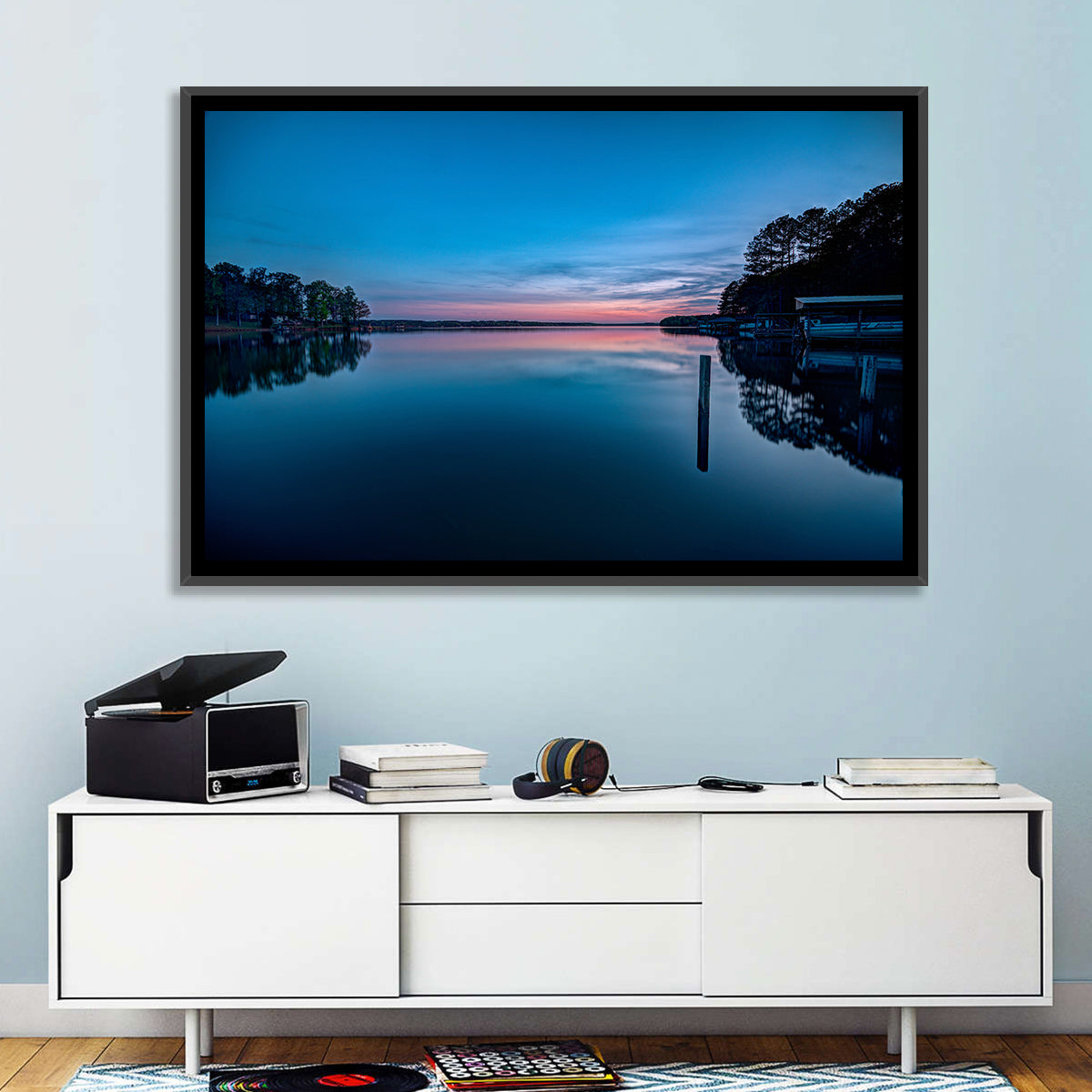 Lake Gaston Twilight Reflection Wall Art in a room, landscape
