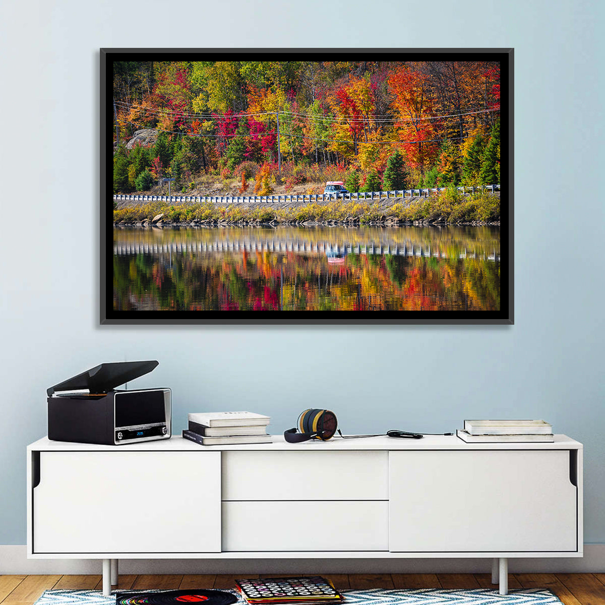 Algonquin Highway 60 Autumn Reflection Wall Art in a room, landscape