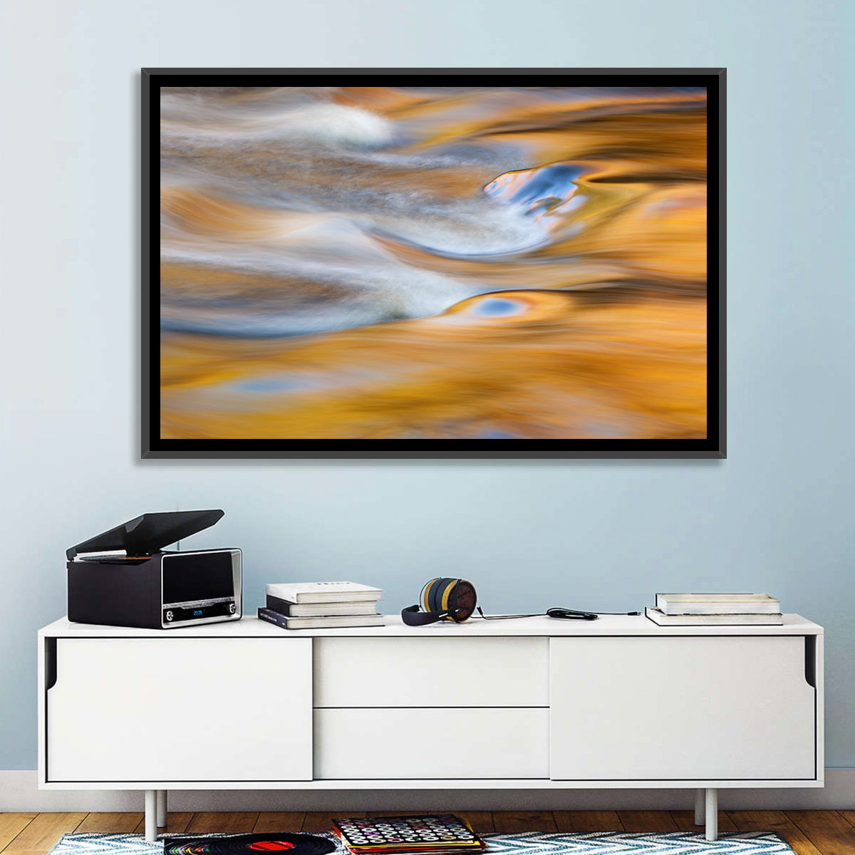 Golden Water Abstraction Wall Art in a room, landscape