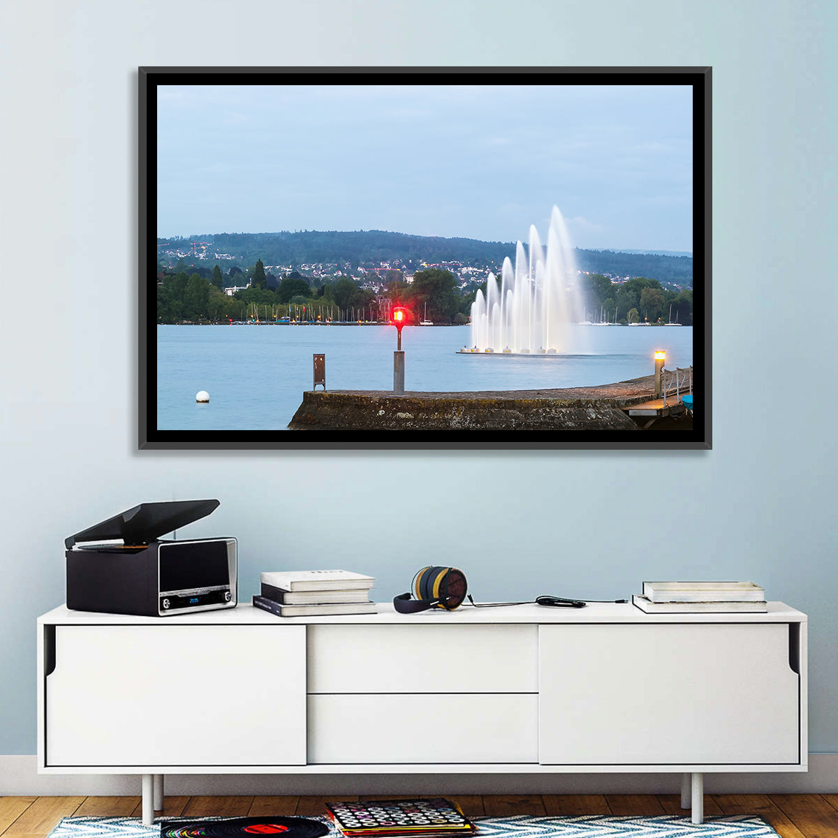 Lake Zurich Fountain at Dusk Wall Art in a room, landscape