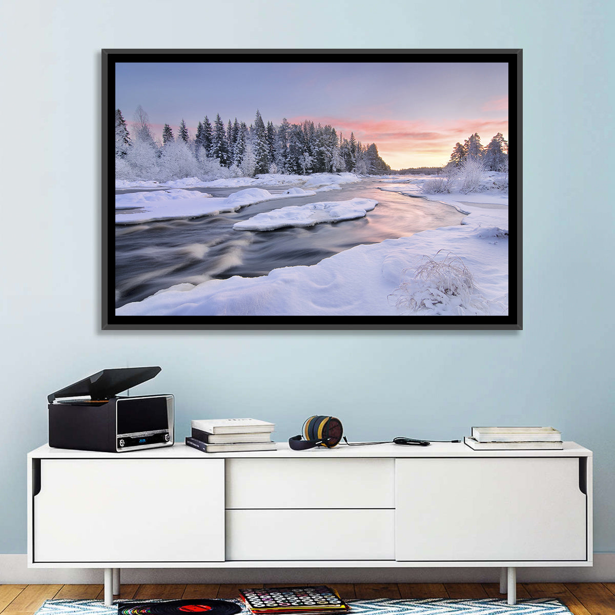 Kiiminkijoki Winter Sunrise Wall Art in a room, landscape