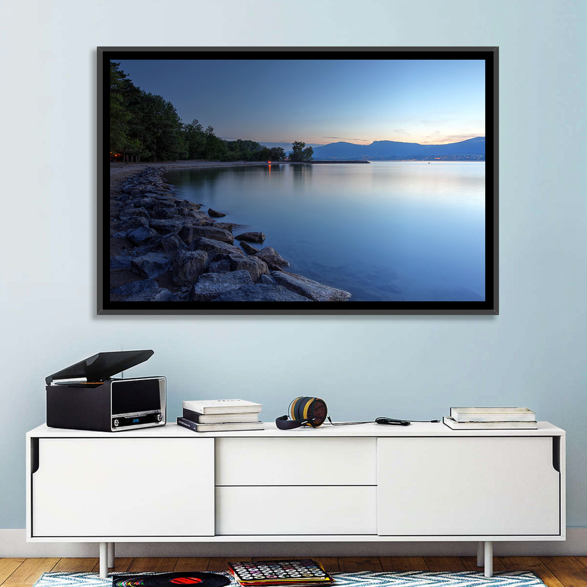 Lake Neuchatel Twilight Wall Art in a room, landscape