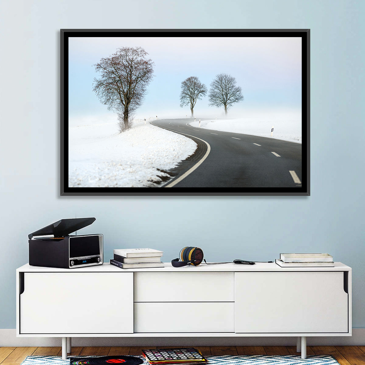 Foggy Winter Road Wall Art in a room, landscape