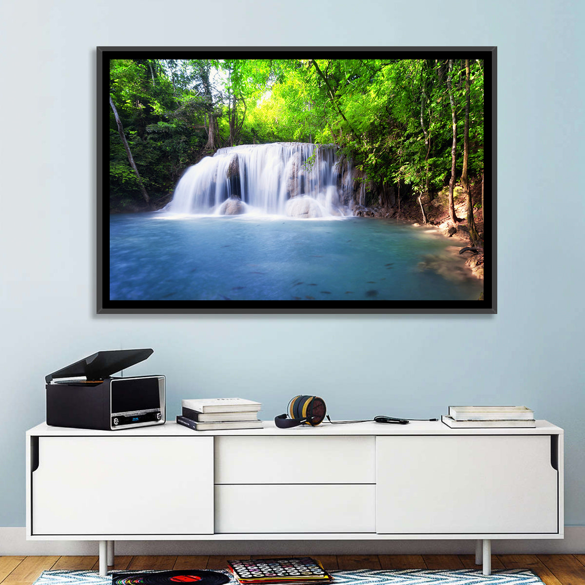 Erawan Waterfall Emerald Pool Wall Art in a room, landscape