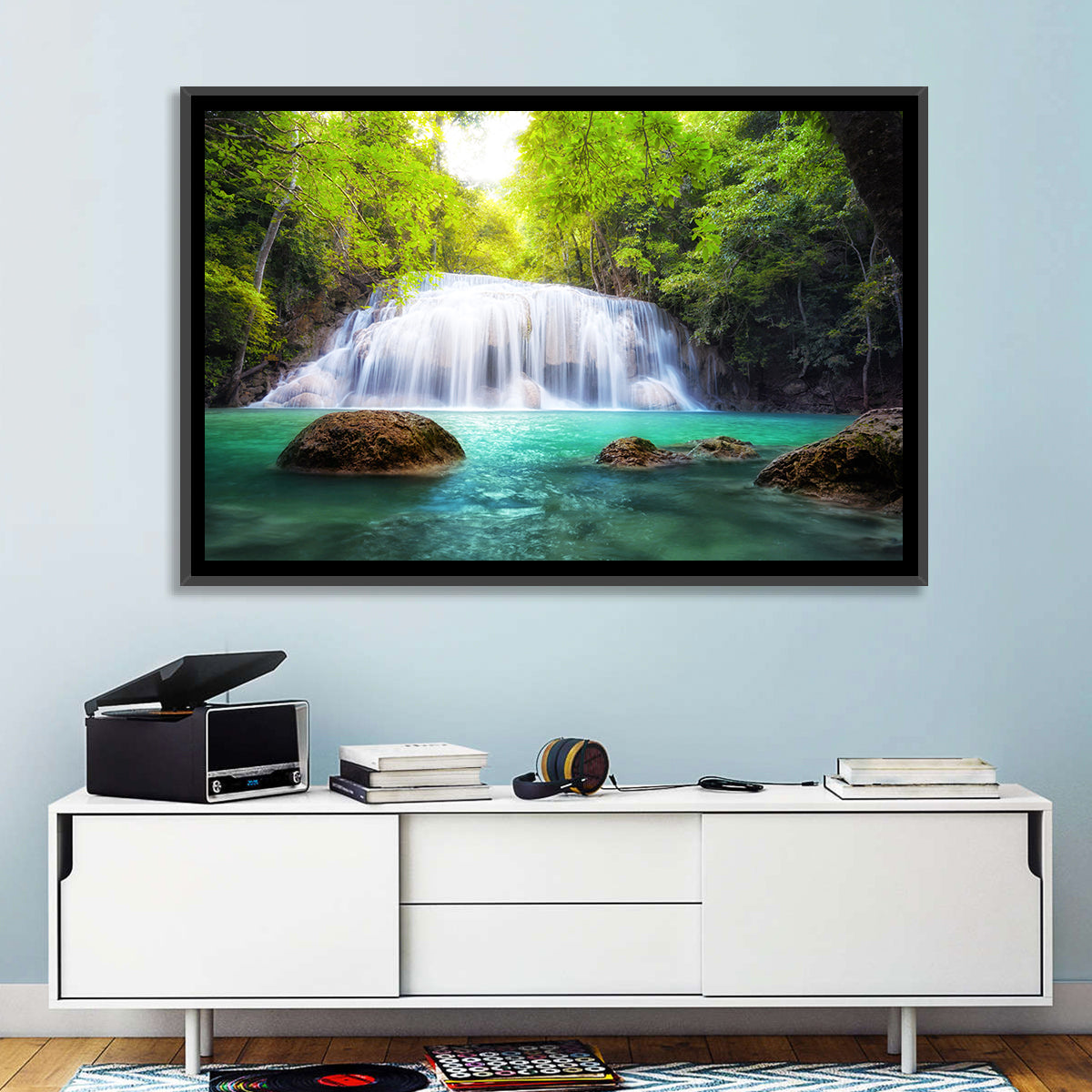 Erawan Falls Turquoise Waterfall Wall Art in a room, landscape