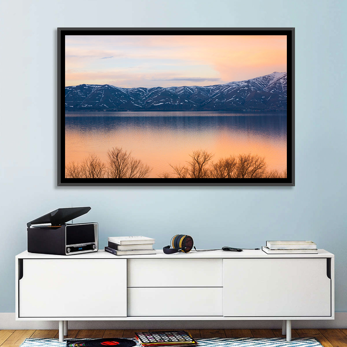 Lake Sevan Golden Dusk Wall Art in a room, landscape