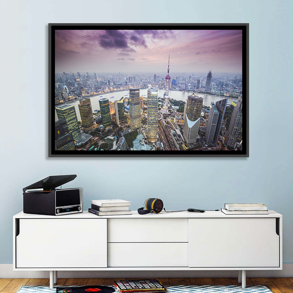 Pudong Cityscape Wall Art in a room, landscape