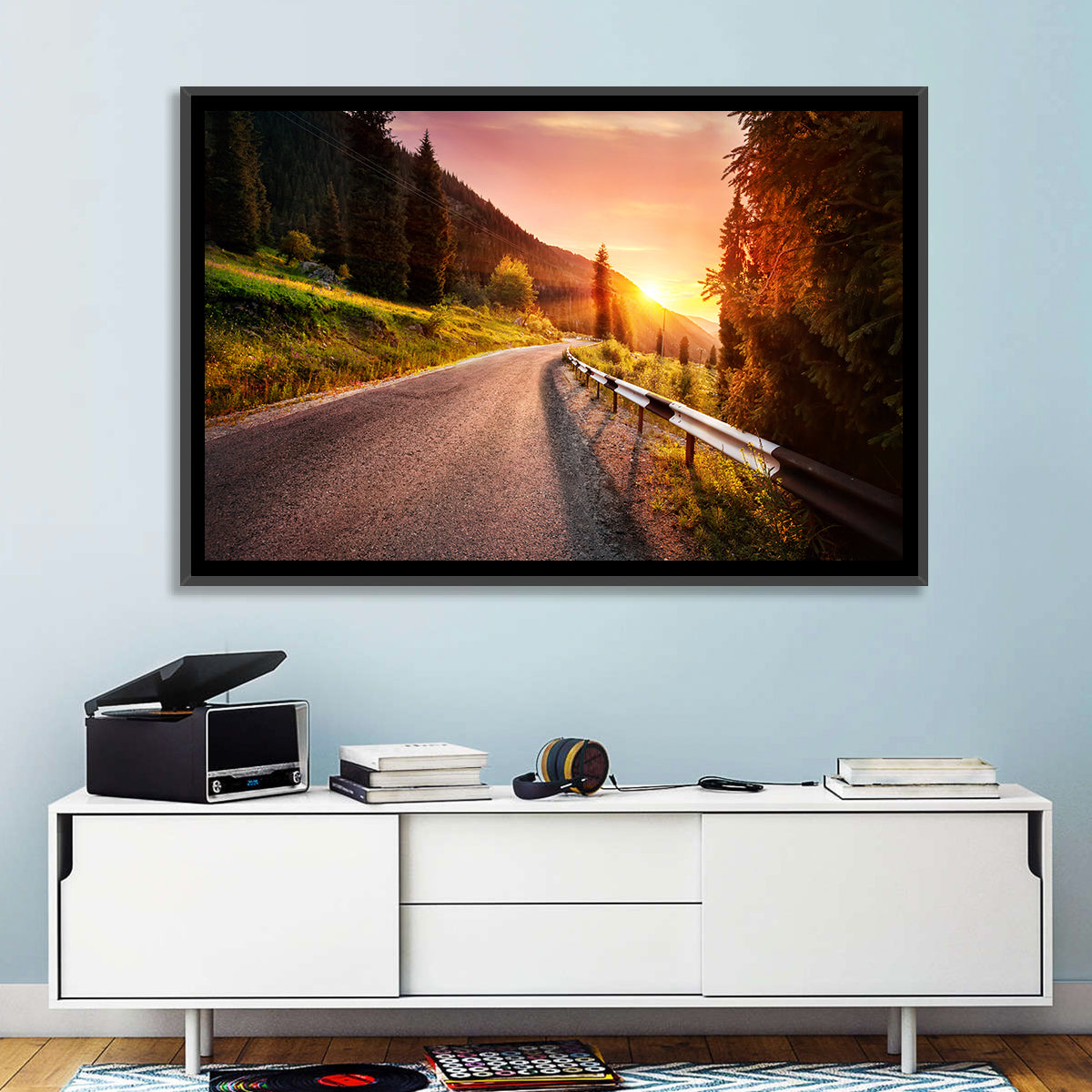 Golden Hour Mountain Road Wall Art in a room, landscape