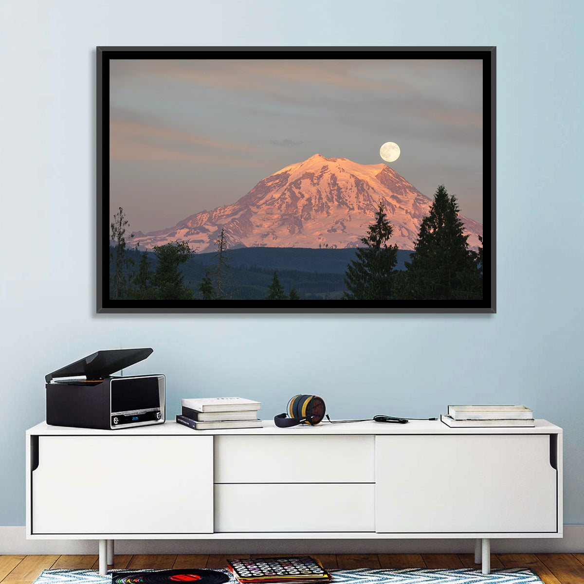 Mount Rainier Alpenglow with Full Moon Wall Art in a room, landscape