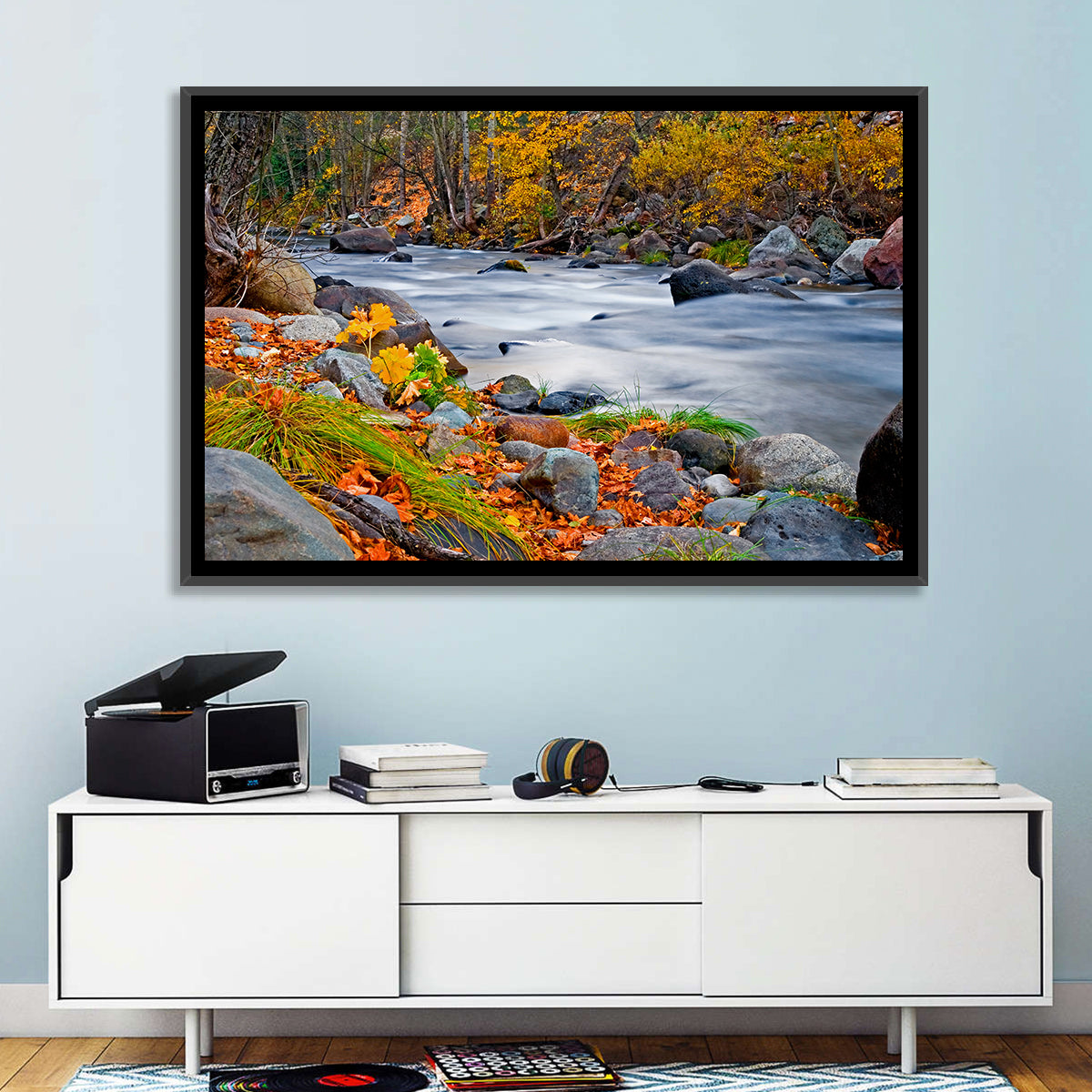 Golden Autumn Forest Creek Wall Art in a room, landscape